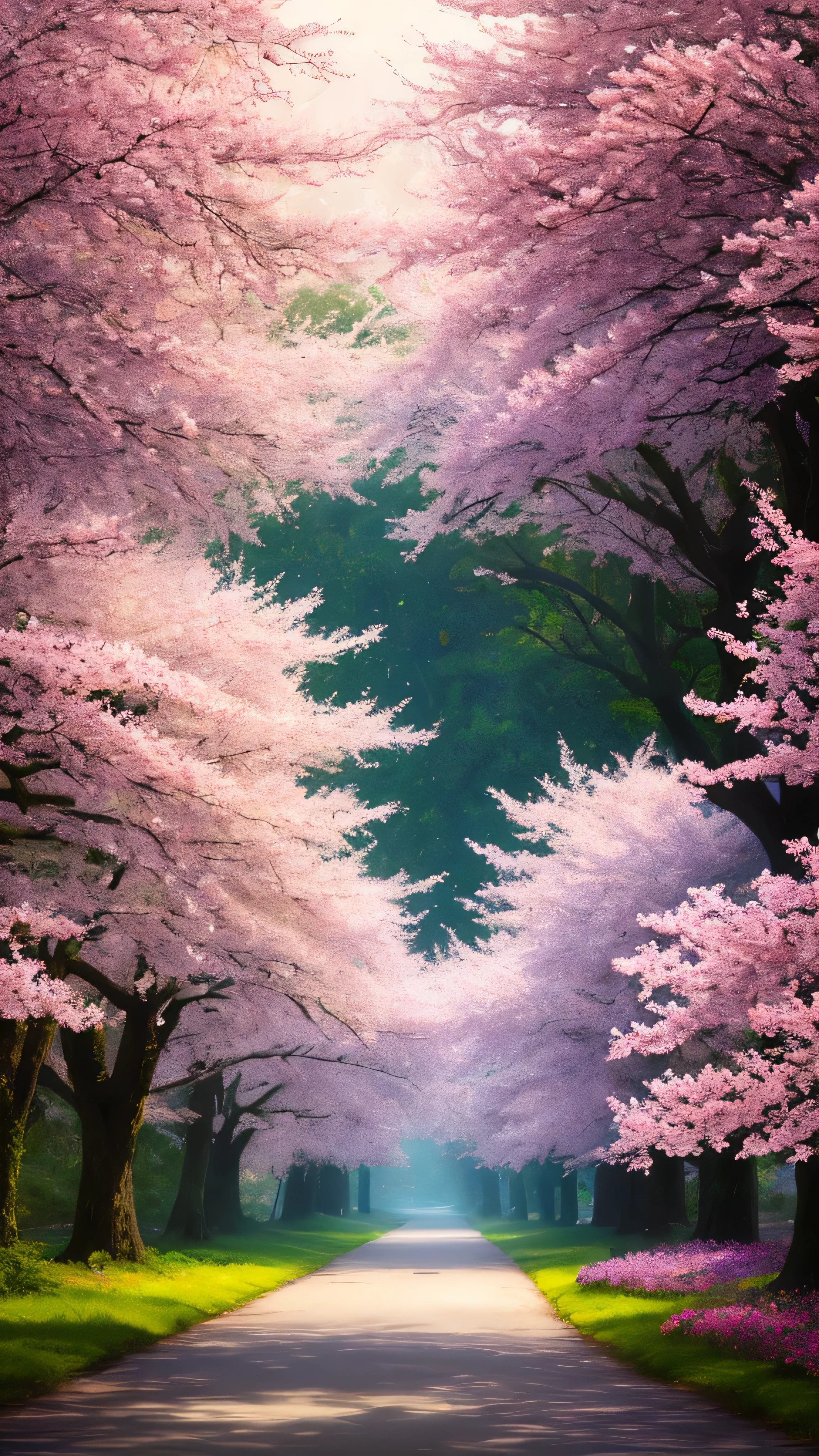 masterpiece, best quality, high quality, extremely detailed 8k wallpaper of CG unit, a charming and dreamy scene of a lush forest of sakuras, with tall trees, creating a sense of mystique and enchantment, artistic station, digital illustration, intricate, trend, pastel colors, oil painting, award-winning photography, Bokeh, depth of field, HDR, flower, chromatic aberration, photorealistic, extremely detailed, trend in artstation, trend in CGsociety, intricate, high detail, dramatic, art in the middle of the journey, old tree, winding road, lakelet, small fog, cherry blossom tree, small lake next to the forest, tree tunnel, forsythia flower