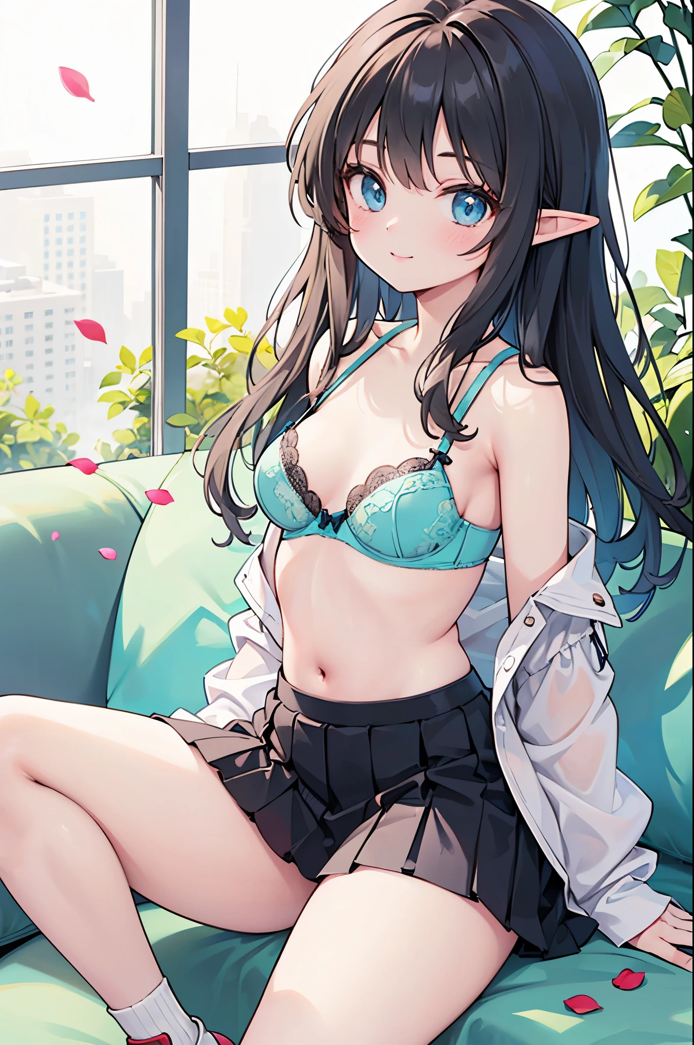 realistic image, coherent image, detailed image, 1 beautiful elf. She has black hair, long hair. Turquoise eyes, long eyelashes. Her face is oval and delicate. Smiling. She is wearing a lace bra, pleated miniskirt, sneakers, she has a curvy body, small breasts and thick thighs. She sitting with her legs crossed and her hands hidden between her thighs. Urban background, surrounded by flower petals. natural lighting in front, volumetric lighting,