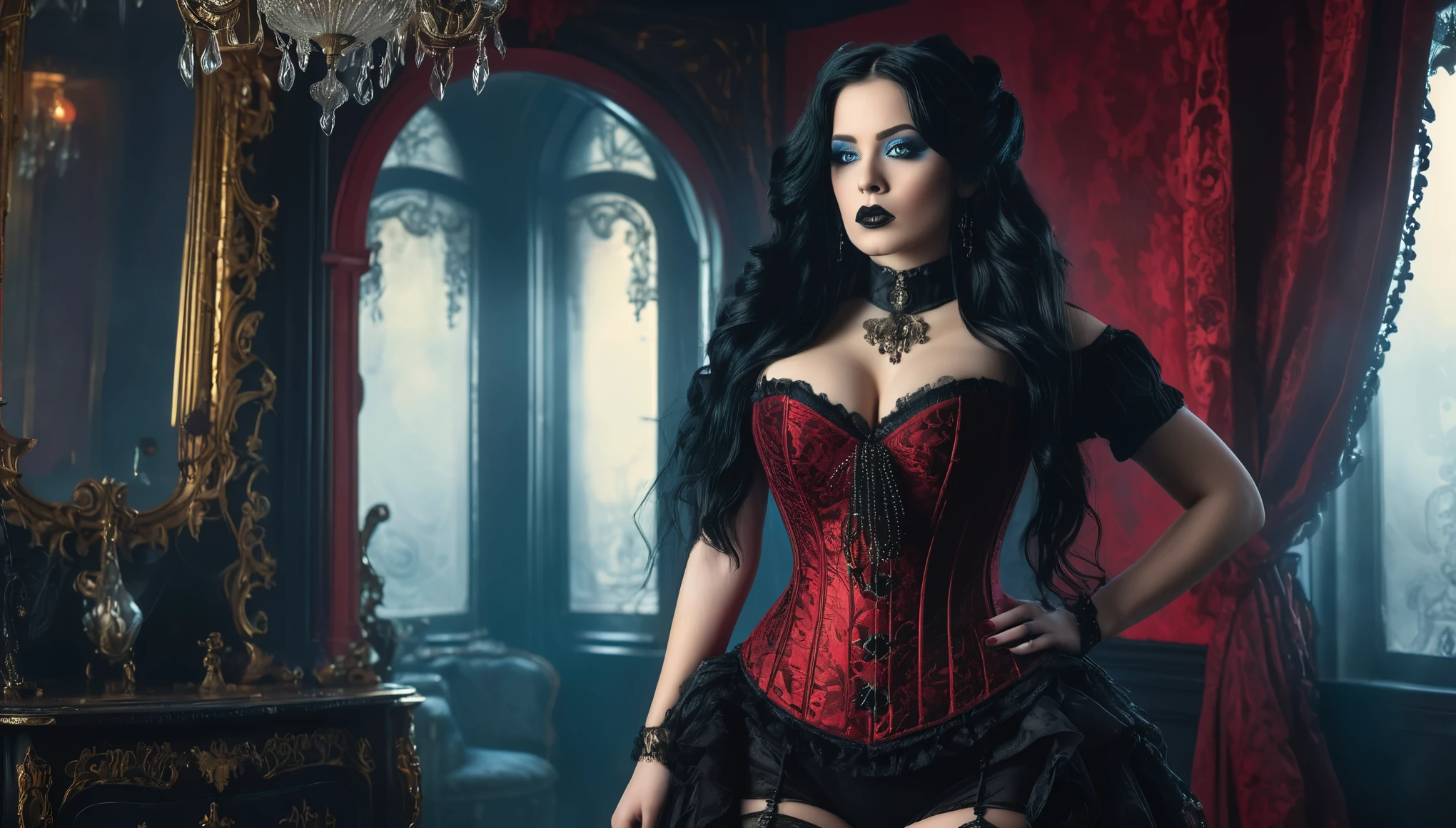 A beautiful woman, hourglass figure, large breast , long black hair, black lipstick, blue eyes, seductive Goth style with Goth jewelry, wearing a (ornate Victorian corset in Duotone [red and black] style:1.3), standing in a beautiful ornate Victorian bedroom with heavy fog, (full body:1.3), hyper realism, 8k high definition, vibrant colors, sharp focus, insanely detailed