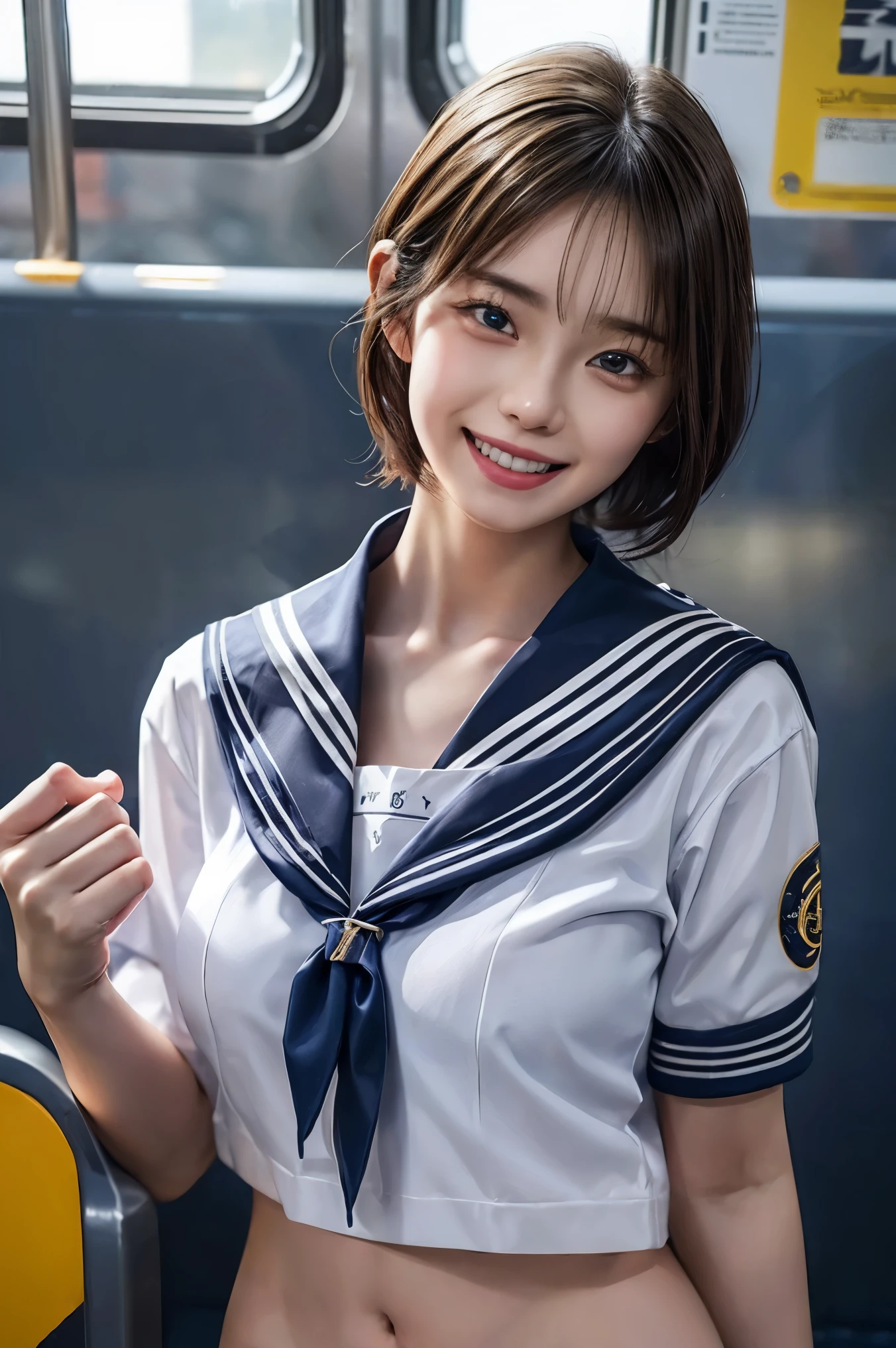 (((sailor suit)))、kind and happy smile、((looks happy:1.3))、panting face、excited look、short hair、glasses、realistic,High resolution,soft light,beautiful slender girl,  blue eyes, elegant and sexy, japanese woman、very big breastasterpiece、highest quality、very detailed、crowd surfing、very realistic face、very realistic eyeasterpiece、highest quality、very detailed、1 girl、crowd、(((nsfw:1.1))),(((Pussy))),(((Lower body naked))),(((on the train))),(((short sleeve))),navel