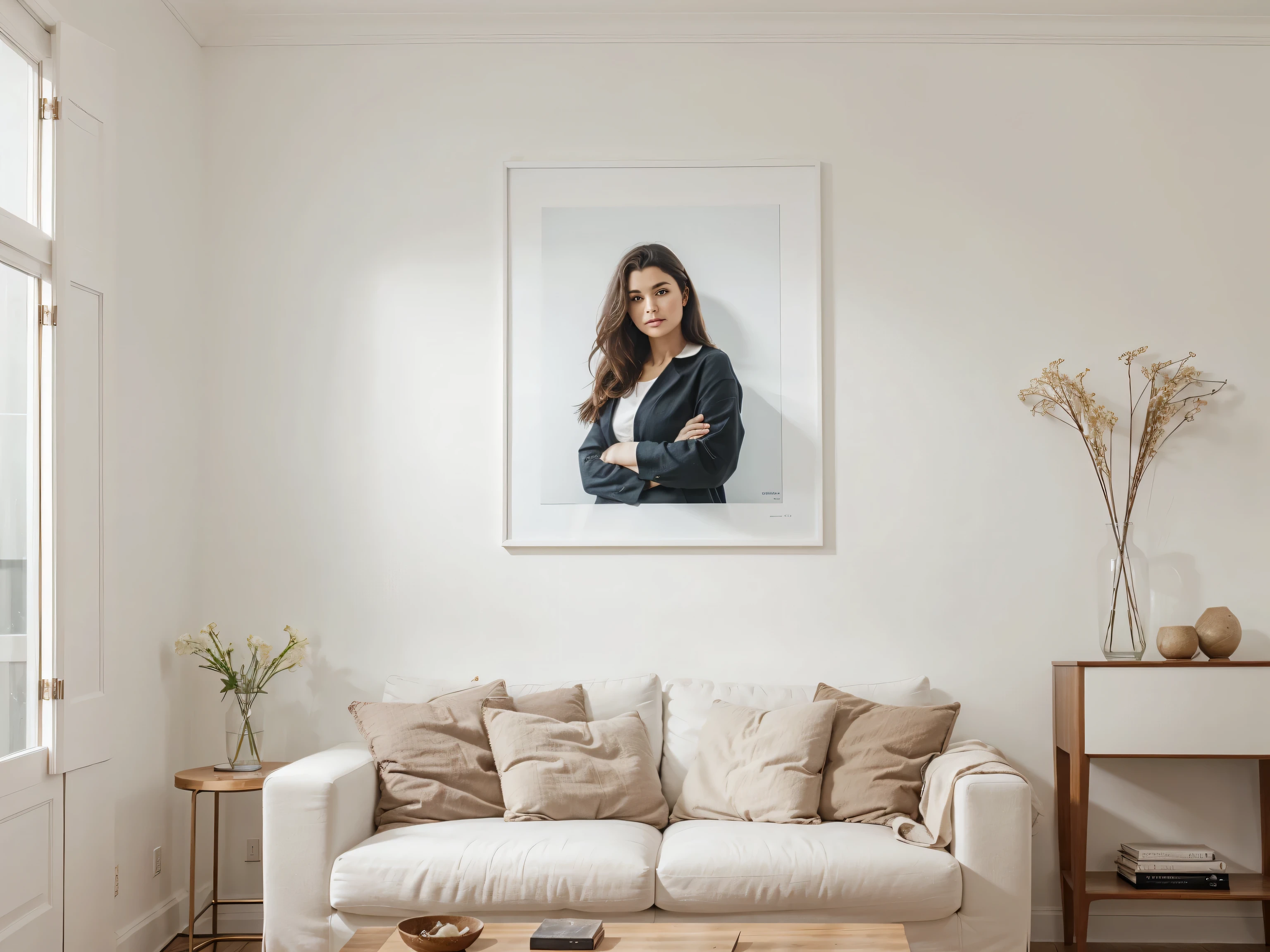 front view white blank huge wall Frame photo on classic living room