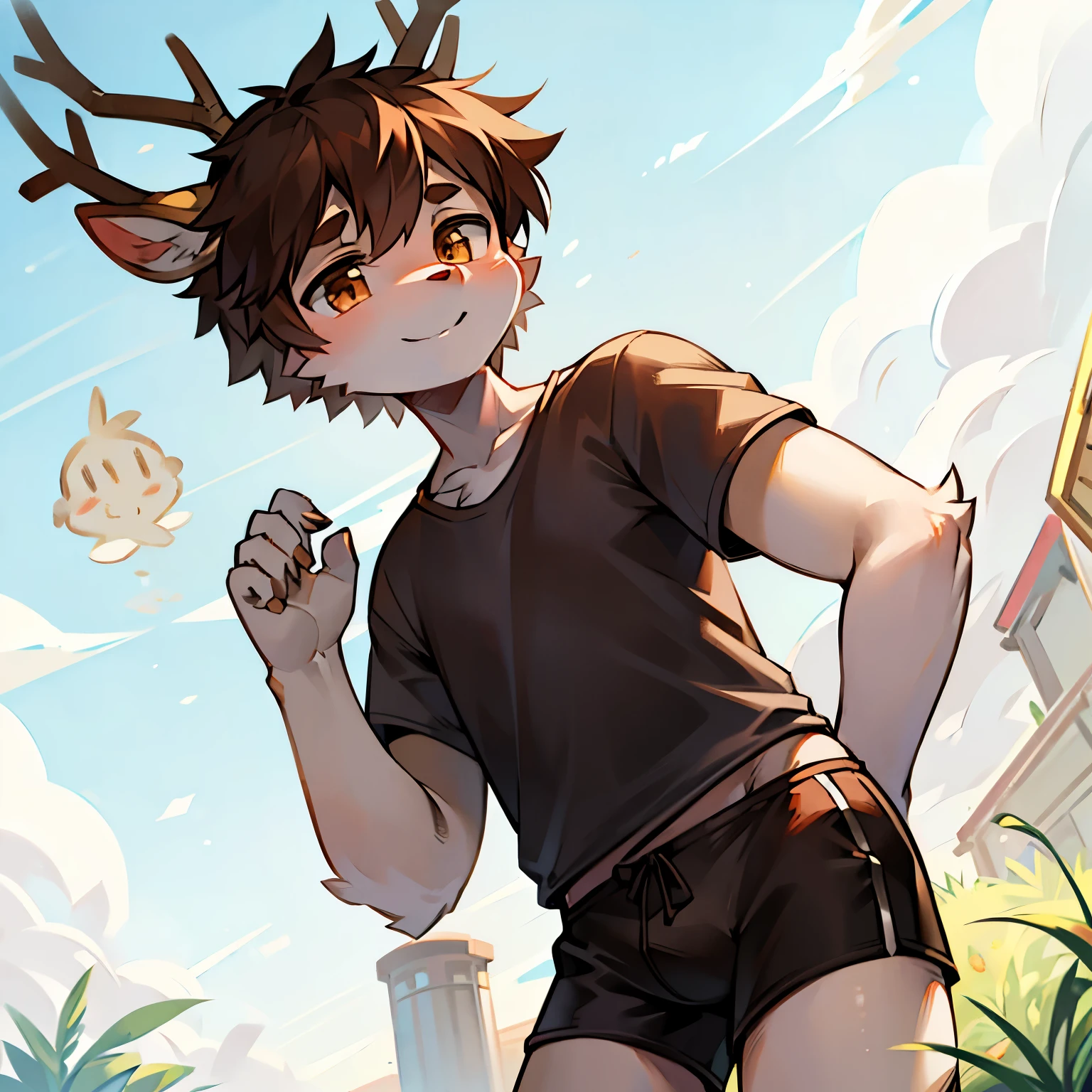 Bright outside,Deer Boy,antlers,male focus,furry men,Characteristics of a -year-boy,Ometer six height,white skin,short sleeves,shorts,Smile,happy