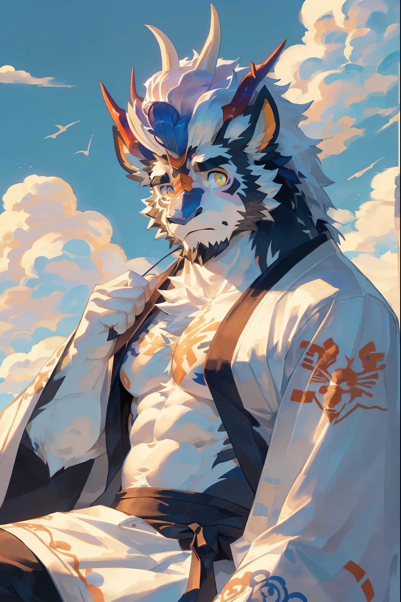 (Kirin:1.5),(Ancient ornately embroidered white robe:1.5),32k high quality detailed art,(Kirin:1.1), (((white fur:1.5))),(gold white two tone),(a pair of eyes with different colors, one eye has golden pupils and the other eye has blue pupils:1.4),(muscular body:1.2),Handsome,(OK),(perfect face),(Lazy:1.1),(golden and white skin:1.3),(Sky blank cloud background),(Half body特写:1.5),Publaz, (Kirin:1.1), (((white fur:1.3))),Handsome, (OK),Express,(sky background),(Surprised and confused eyes:1.3),(Kirin tail),不同的Express,(perfect masterpiece),(32k),(abdominal muscles:1.3),(((middle aged:1.4))),(36 years old),alone,(Golden sideburns:1.2),(Golden-bearded:1.3),(black chin:1.3),(black and white face:1),(Very rich facial details:1.3),(Strong),Half body,(front view),(cg),(HD),(Sit on the clouds:1.4),(Suspicious look:1.5),(black texture)