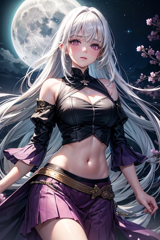 realistic, 1girl with white hair and purple glowing eyes, wearing a crop top and skirt, with parted lips and a blush, under the moonlit night sky filled with blooming flowers, the sun peeking through the darkness, creating a contrast of sunlight and shadows, a serene and mystical atmosphere, captured in a dreamy and ethereal painting style. --ar 16:9 --v 5
