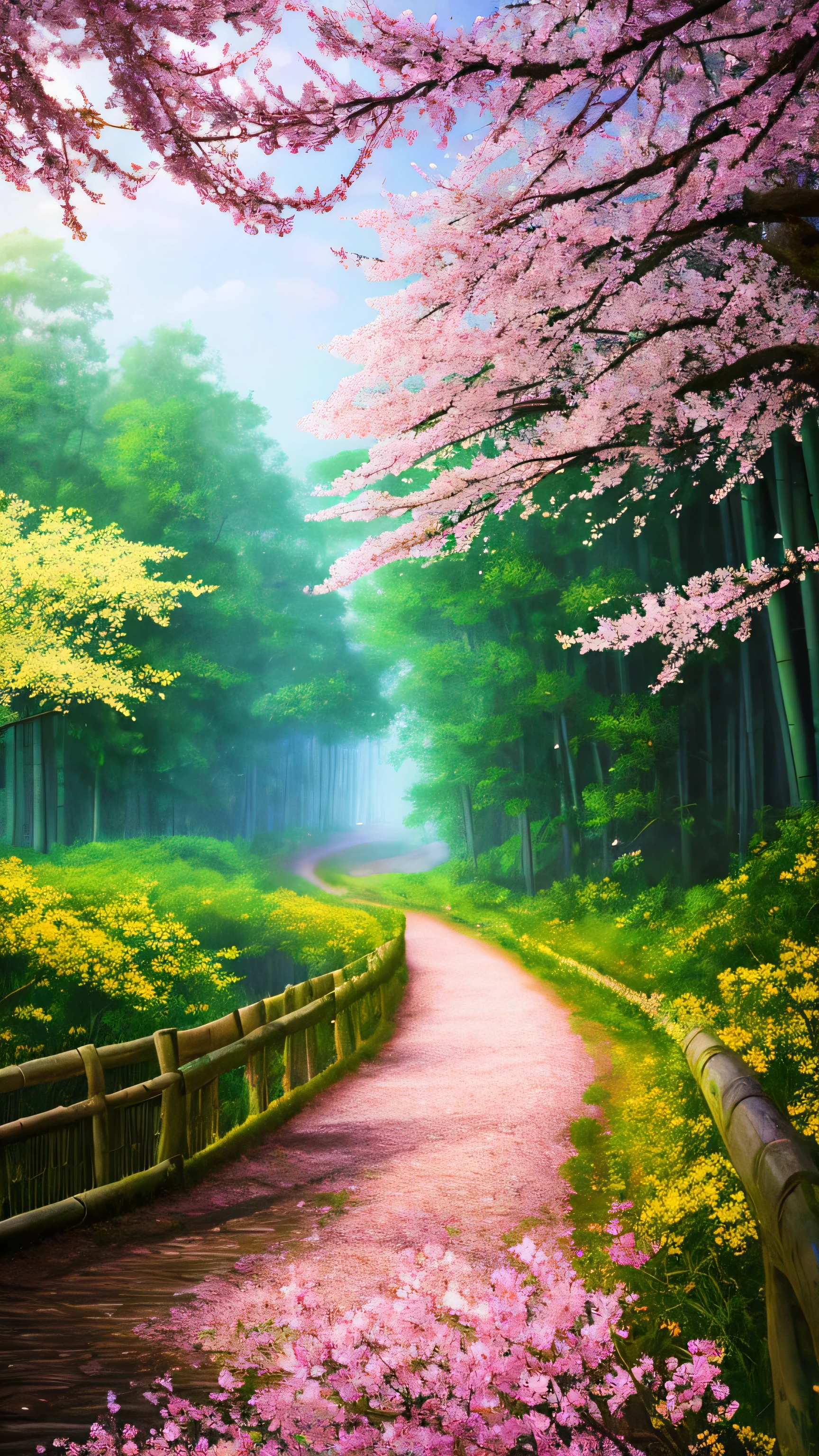 masterpiece, best quality, high quality, extremely detailed 8k wallpaper of CG unit, a charming and dreamy scene of a lush forest of sakuras, with tall trees, creating a sense of mystique and enchantment, artistic station, digital illustration, intricate, trend, pastel colors, oil painting, award-winning photography, Bokeh, depth of field, HDR, flower, chromatic aberration, photorealistic, extremely detailed, trend in artstation, trend in CGsociety, intricate, high detail, dramatic, art in the middle of the journey, old tree, winding road, lakelet, small fog, cherry blossom tree, small lake next to the forest, tree tunnel, forsythia flower, bamboo