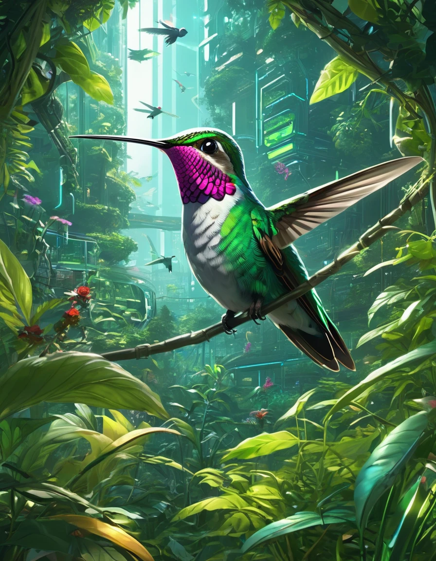 In the future, genetic engineering will incorporate cute expressions，The smiling hummingbird is incorporated into the artwork；Screen vegetation coverage。in the screen，hummingbird stares at the camera，illumination，masterpiece，Ultra-high definition and ultra-resolution，Axonometric view，garden forest；cyberpunk style。