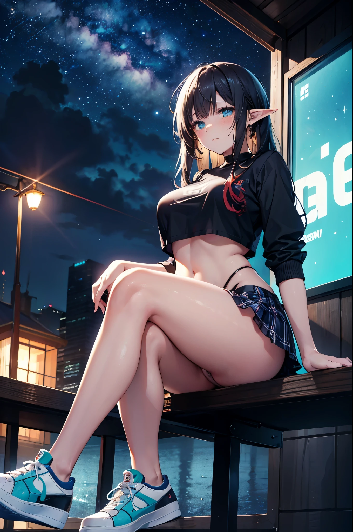 realistic image, coherent image, detailed image, 1 beautiful elf. She has black hair, long hair. Turquoise eyes, long eyelashes. Her face is oval and delicate. her sad face, she is crying. She is wearing a short-sleeved shirt, showing her navel, plaid pleated mini skirt, sneakers, she has a curvy body, medium breasts and thick thighs. She is sitting with her legs raised, showing her thong. thong view, bottom view. Urban background. starry night, raining. natural lighting in front, volumetric lighting