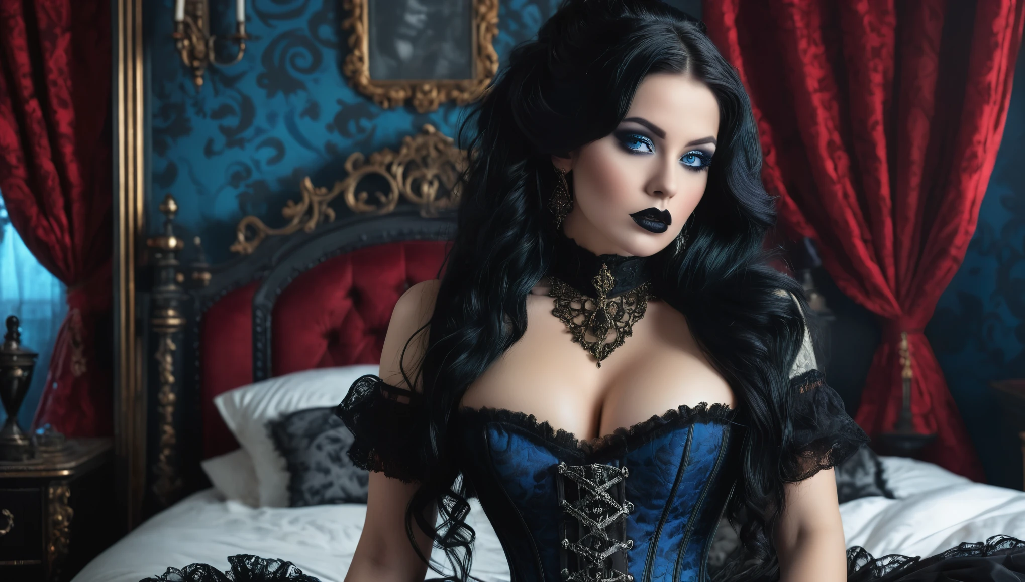A beautiful woman, hourglass figure, large breast , long black hair, black lipstick, blue eyes, seductive Goth style with Goth jewelry, wearing a (ornate Victorian corset in Duotone [red and black] style:1.3), laying on a bed in a beautiful ornate Victorian bedroom with thick fog, (full body:1.3), hyper realism, 8k high definition, vibrant colors, sharp focus, insanely detailed