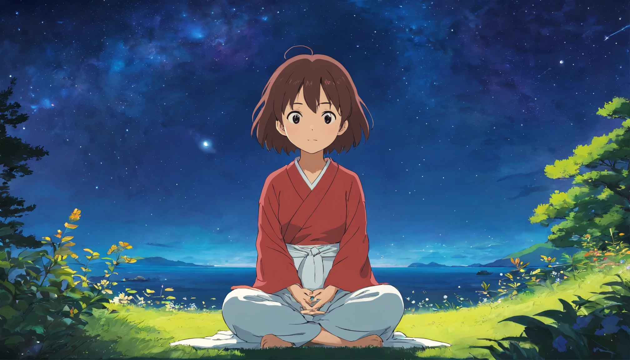 The background is space、starry sky、後ろ姿でmeditationをしている女の子、Anime-style 2D, lo-fi, dark environment、窓の外は綺麗なnight空、starry sky、night、meditation、meditationポーズ