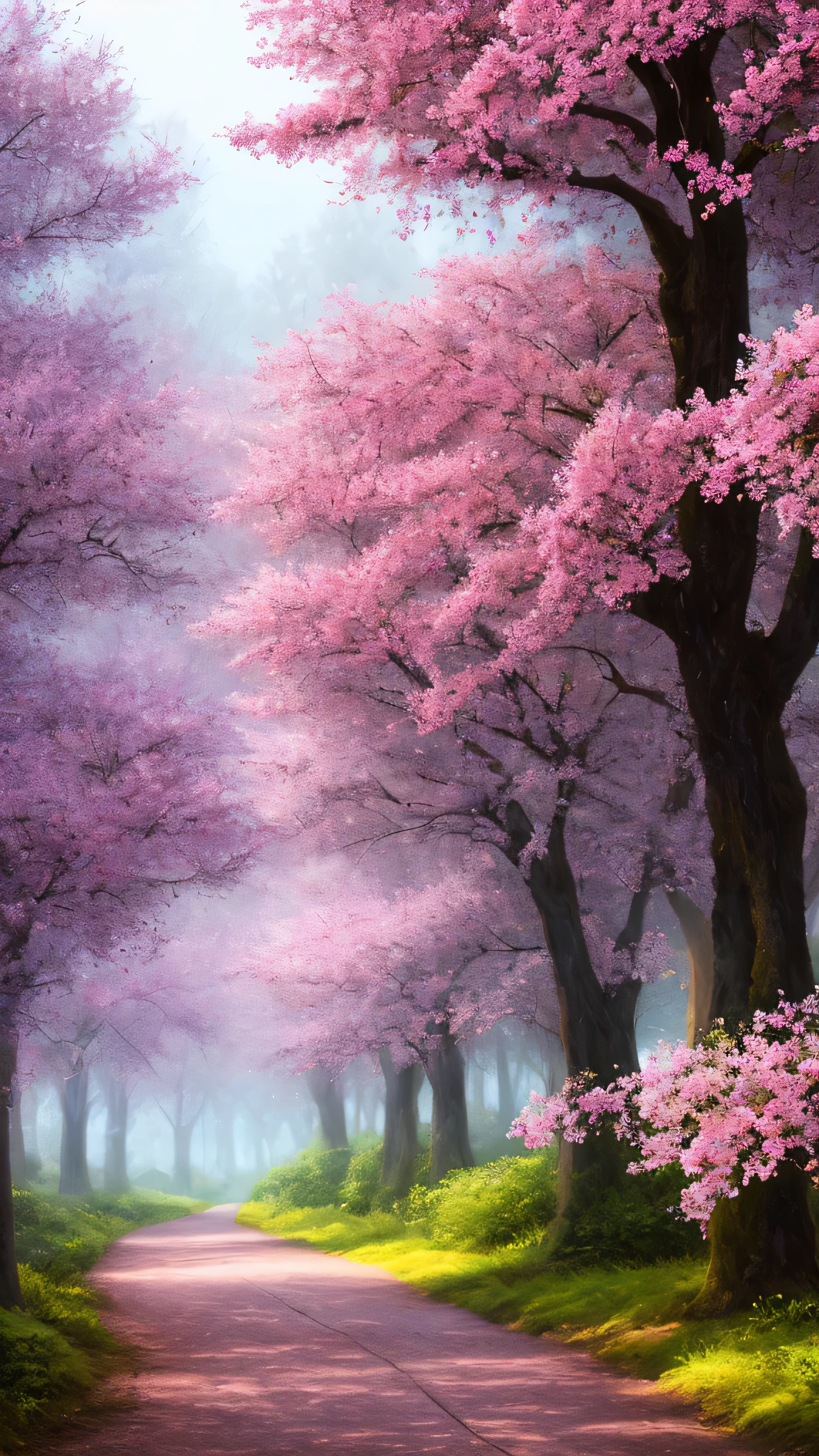 masterpiece, best quality, high quality, extremely detailed 8k wallpaper of CG unit, a charming and dreamy scene of a lush forest of sakuras, with tall trees, creating a sense of mystique and enchantment, artistic station, digital illustration, intricate, trend, pastel colors, oil painting, award-winning photography, Bokeh, depth of field, HDR, flower, chromatic aberration, photorealistic,  extremely detailed, trend in artstation, trend in CGsociety, intricate, high detail, dramatic, art in the middle of the journey, old tree, winding road, lakelet, small fog, cherry blossom tree,  small lake next to the forest, tree tunnel, forsythia flower, wide road