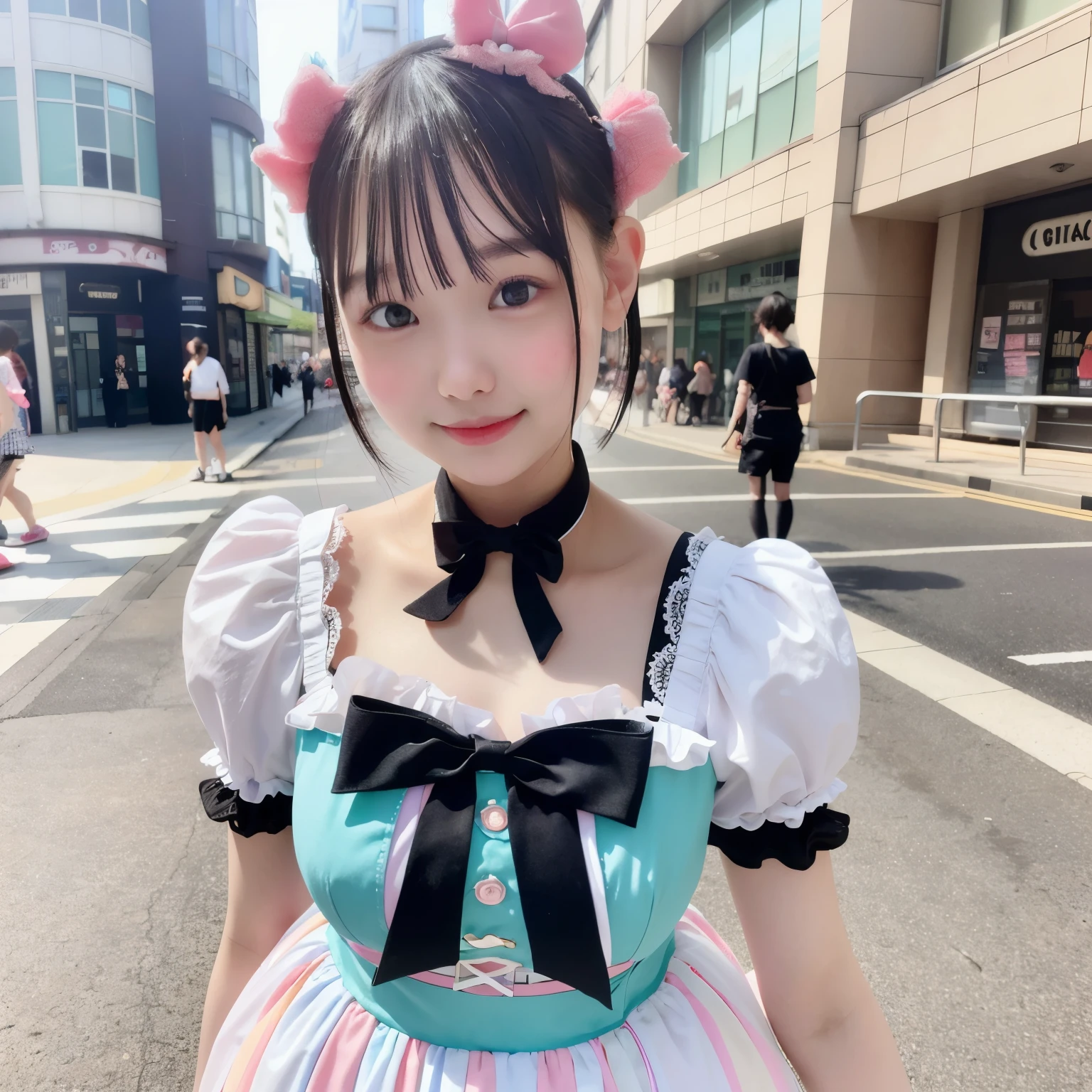 1 girl, solo, (short hair), japanese idol, perfect figure, beautiful eyes double eyelids, lolita fashion, colorful pastel color clothes, downtown like Harajuku, broad smile, upper body, blow a wind, slim body