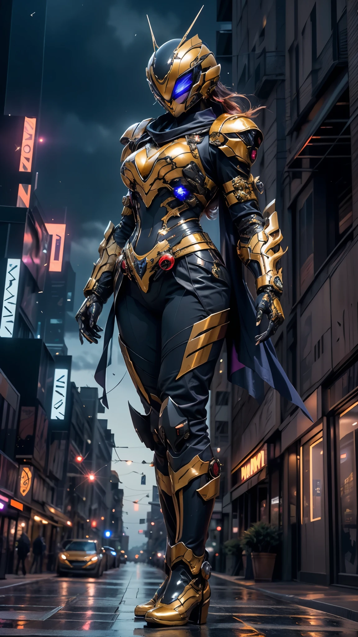 A woman adorned in fantasy-style full-body armor, a crown-concept fully enclosed helmet that unveils only her eyes, a composite layered chest plate, fully encompassing shoulder and hand guards, a lightweight waist armor, form-fitting shin guards, the overall design is heavy-duty yet flexible, ((the armor gleams with a golden glow, complemented by red and blue accents)), exhibiting a noble aura, she floats above the Futuristic city, this character embodies a finely crafted fantasy-surreal style armored hero in anime style, exquisite and mature manga art style, (Queen bee mixed with Spider concept Armor, photorealistic:1.4, real texture material:1.2), ((city night view, elegant, goddess, femminine:1.5)), metallic, high definition, best quality, highres, ultra-detailed, ultra-fine painting, extremely delicate, professional, anatomically correct, symmetrical face, extremely detailed eyes and face, high quality eyes, creativity, RAW photo, UHD, 32k, Natural light, cinematic lighting, masterpiece-anatomy-perfect, masterpiece:1.5