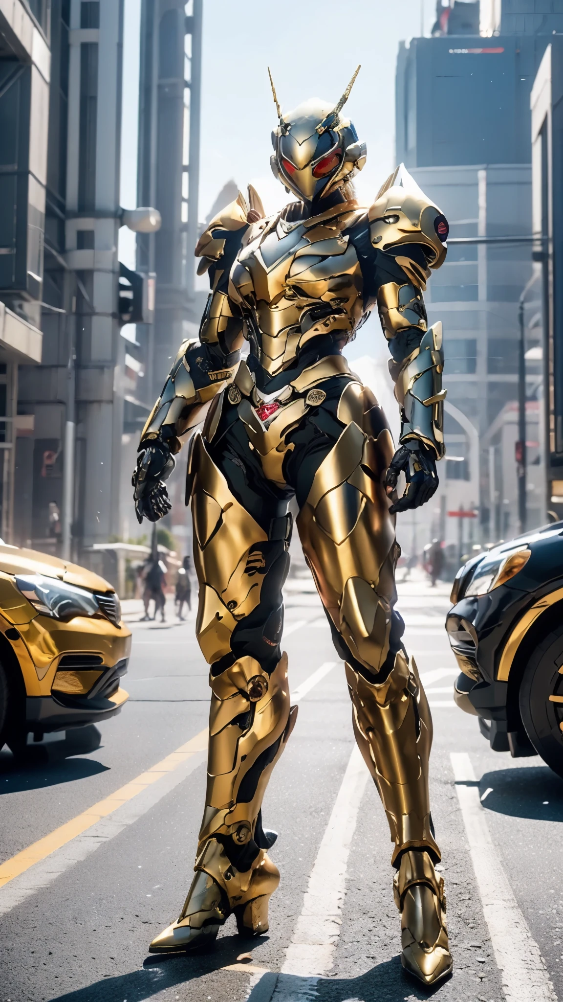 A woman adorned in fantasy-style full-body armor, a crown-concept fully enclosed helmet that unveils only her eyes, a composite layered chest plate, fully encompassing shoulder and hand guards, a lightweight waist armor, form-fitting shin guards, the overall design is heavy-duty yet flexible, ((the armor gleams with a golden glow, complemented by red and blue accents)), exhibiting a noble aura, she floats above the Futuristic city, this character embodies a finely crafted fantasy-surreal style armored hero in anime style, exquisite and mature manga art style, (Queen bee mixed with Spider concept Armor, photorealistic:1.4, real texture material:1.2), ((city night view, elegant, goddess, femminine:1.5)), metallic, high definition, best quality, highres, ultra-detailed, ultra-fine painting, extremely delicate, professional, anatomically correct, symmetrical face, extremely detailed eyes and face, high quality eyes, creativity, RAW photo, UHD, 32k, Natural light, cinematic lighting, masterpiece-anatomy-perfect, masterpiece:1.5
