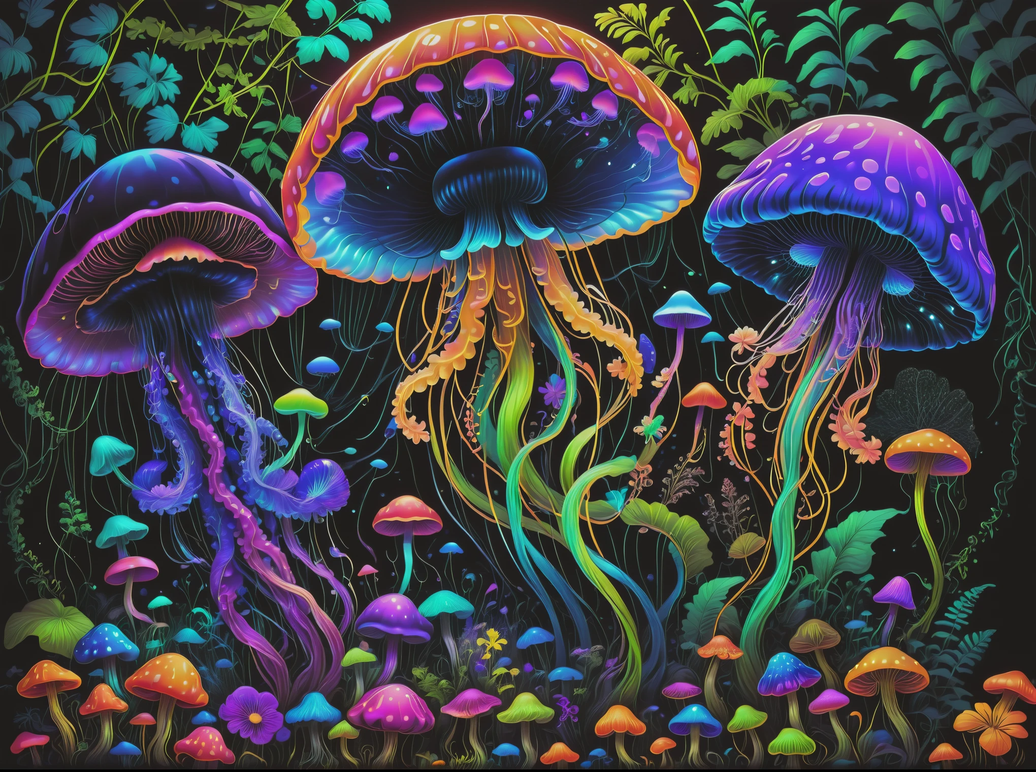 Neon art of jellyfish and flowers under black light, Psychedelic black light, neon jellyfish, psychedelic art, Black light velvet poster, Psychedelic mushrooms, Psychedelic black light style, Psychedelic视觉效果,  Psychedelic, Psychedelic mushrooms dream, colorful and Psychedelic, neon jellyfish, Psychedelic art, Psychedelic acid trip, dmt art, Psychedelic鲜艳色彩