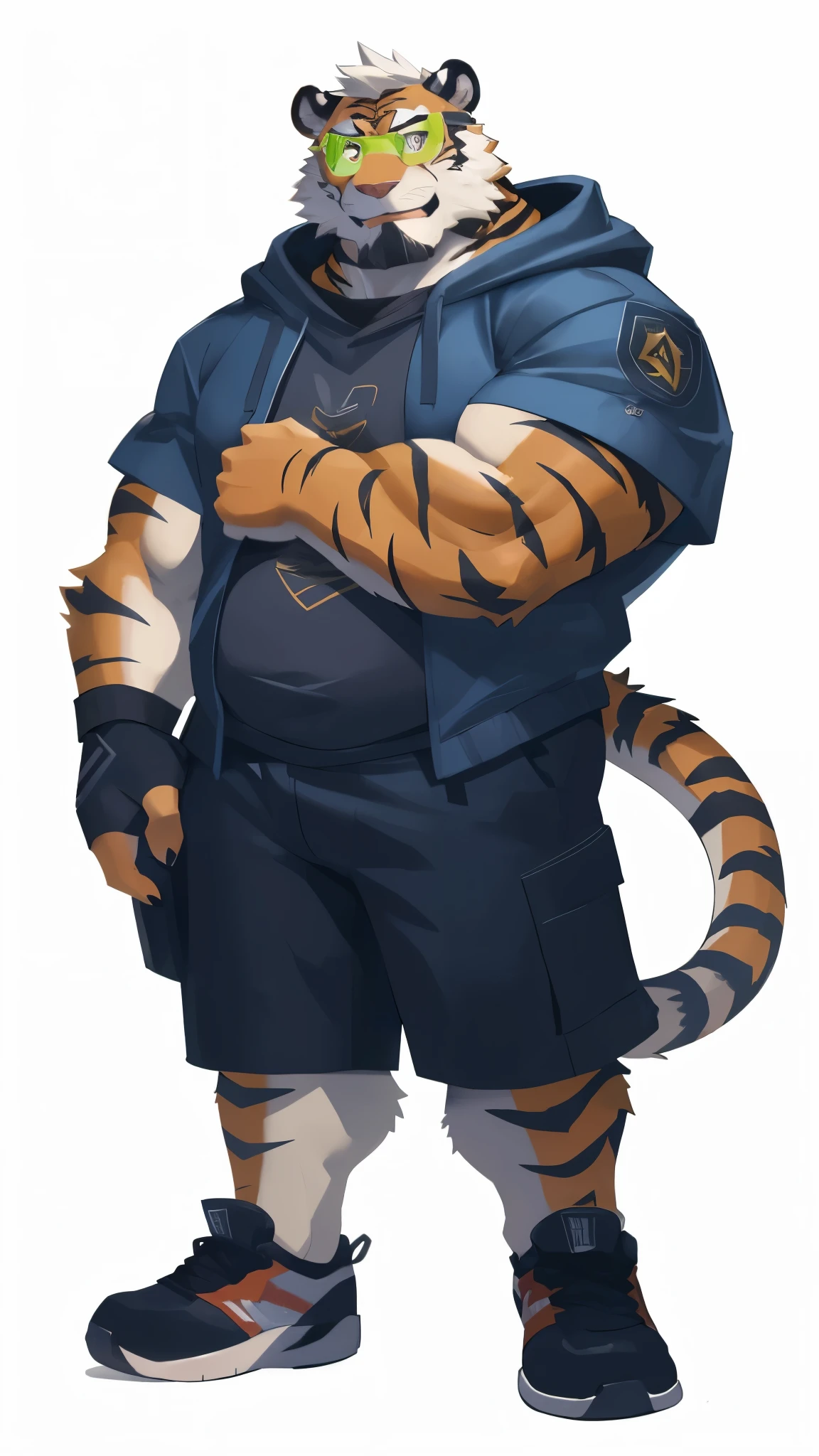 a furry tiger, orange fur, white hair, muscular build, chubby, (((short sleeves blue hoodie, black protective suit, gray shorts cargo, sport shoes))), ((orange tiger)), furry art, full body, simple background, mature, tall, beard, daddy, muscular, round face, rpg concept art, a cartoon tiger in a hoodie and shorts standing with his arms crossed, anthropomorphic tiger, full body character portrait, furry character, full body portrait of a short!, full-body character portrait, character full body portrait, detailed full body concept art, furry character portrait, anthro concept art, detailed full body concept, full body cgsociety, anthro art