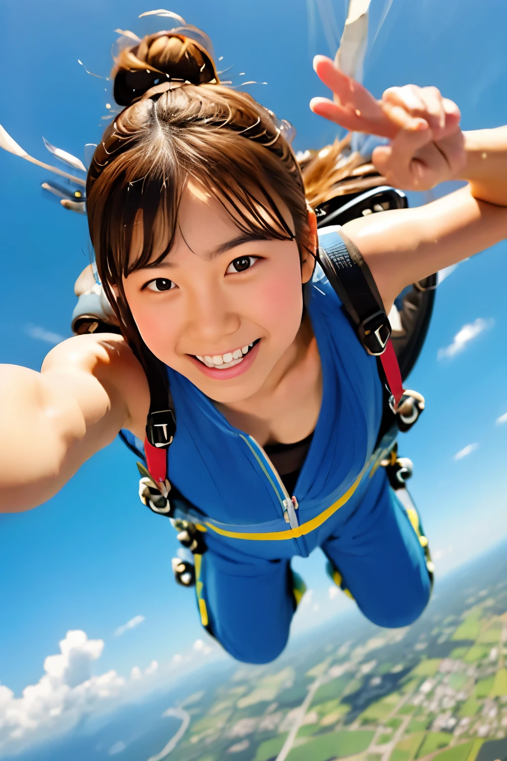 (((JPGND))), Masterpiece, Best Quality, (1girl), Ultra-realistic capture, Highly detailed, High resolution 16k, ((whole body)), ((round face:1.2), cute bave, long twin tail, thin lips, ((thin eyebrows:0.5), ((Enjoy a sky diving in Okinawa, now jump into the sky from cessna plane)), (((wearing colorful coveralls))), ((a warm smile))