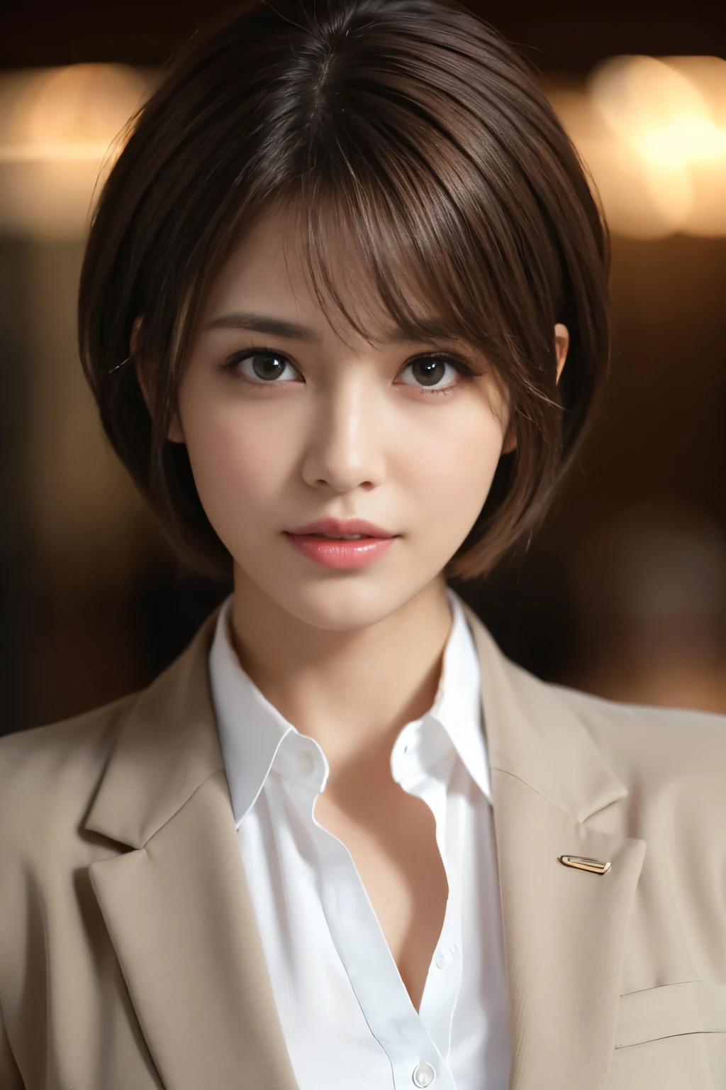 highest quality, realistic, Super detailed, finely, High resolution, 8k wallpaper, 1 beautiful woman,, Light brown shorthair, wearing a business suit, sharp focus, perfect dynamic composition, beautiful and detailed eyes, thin hair, face, close-up portrait, model body shape