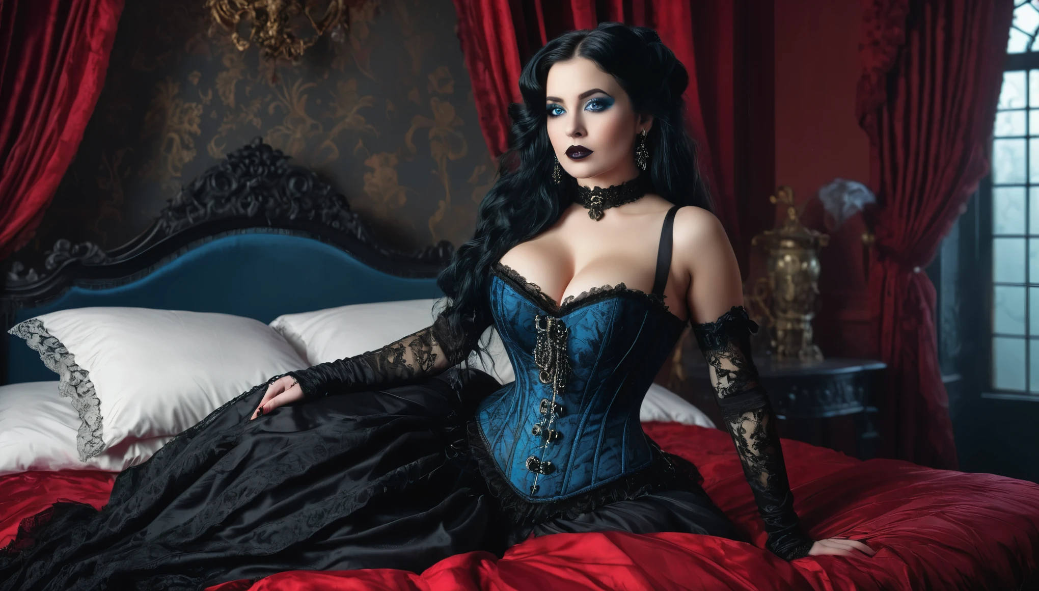 A beautiful woman, hourglass figure, large breast , long black hair, black lipstick, blue eyes, seductive Goth style with Goth jewelry, wearing a (ornate Victorian corset in Duotone [red and black] style:1.3), laying on a bed in a beautiful ornate Victorian bedroom with thick fog, seductive smile, (full body:1.3), hyper realism, 8k high definition, vibrant colors, sharp focus, insanely detailed