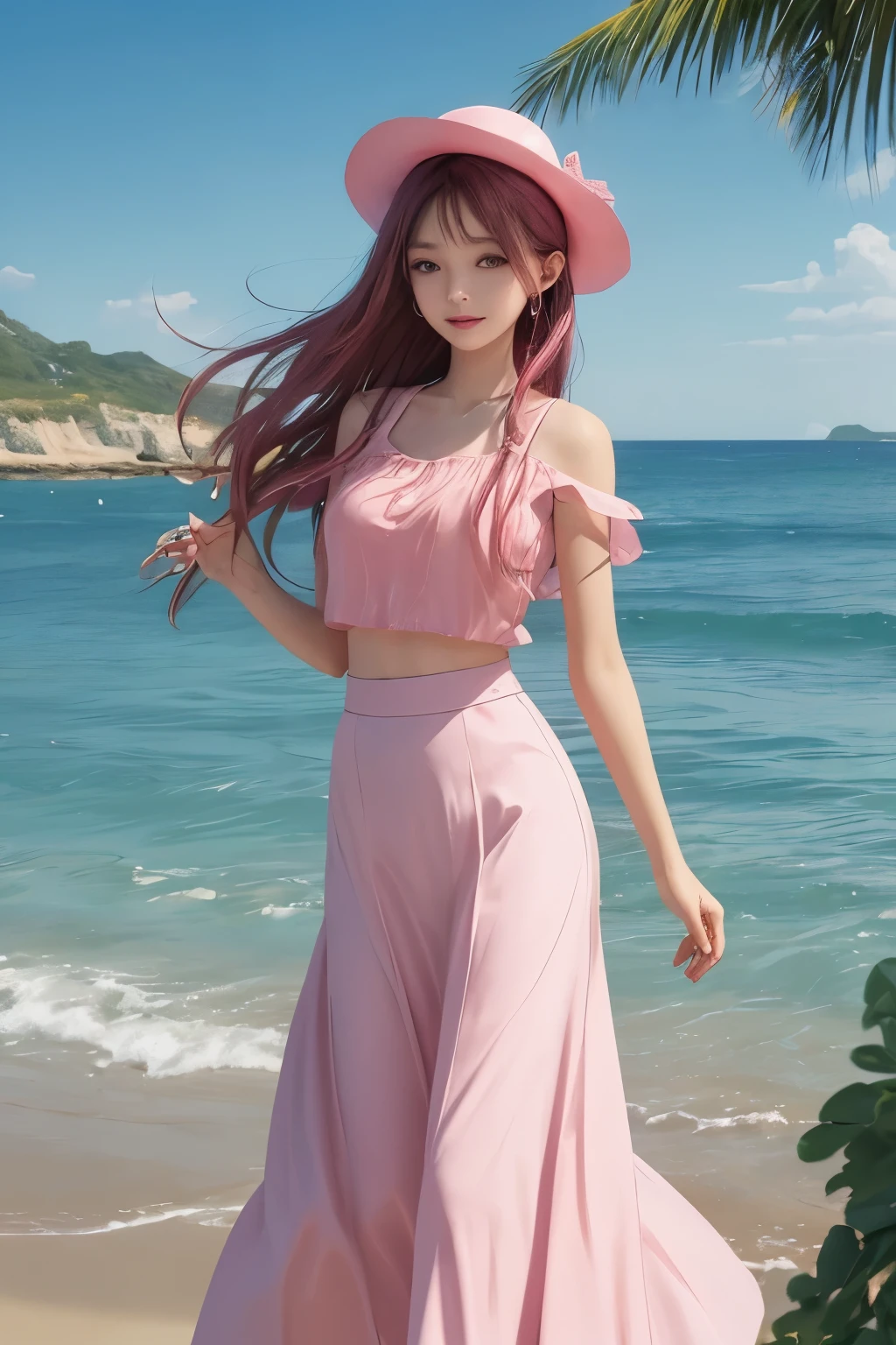 In the captivating 3D cartoon scene, a cute beauty with long, radiant hair sits confidently by the seaside. She proudly dons a pink top and a matching pink hat, complementing her trendy fashion sense. The flowing long skirt billows gently in the wind, capturing the essence of the new trendy portrait. The panoramic view showcases a stunning, large aperture of the tranquil seascape, adding depth and dimension to the illustration.
With a vibrant color palette that localizes this work as a Pop Mart production, the character boasts a delicate luster. The clean background allows the beauty's complete character body to shine, with the