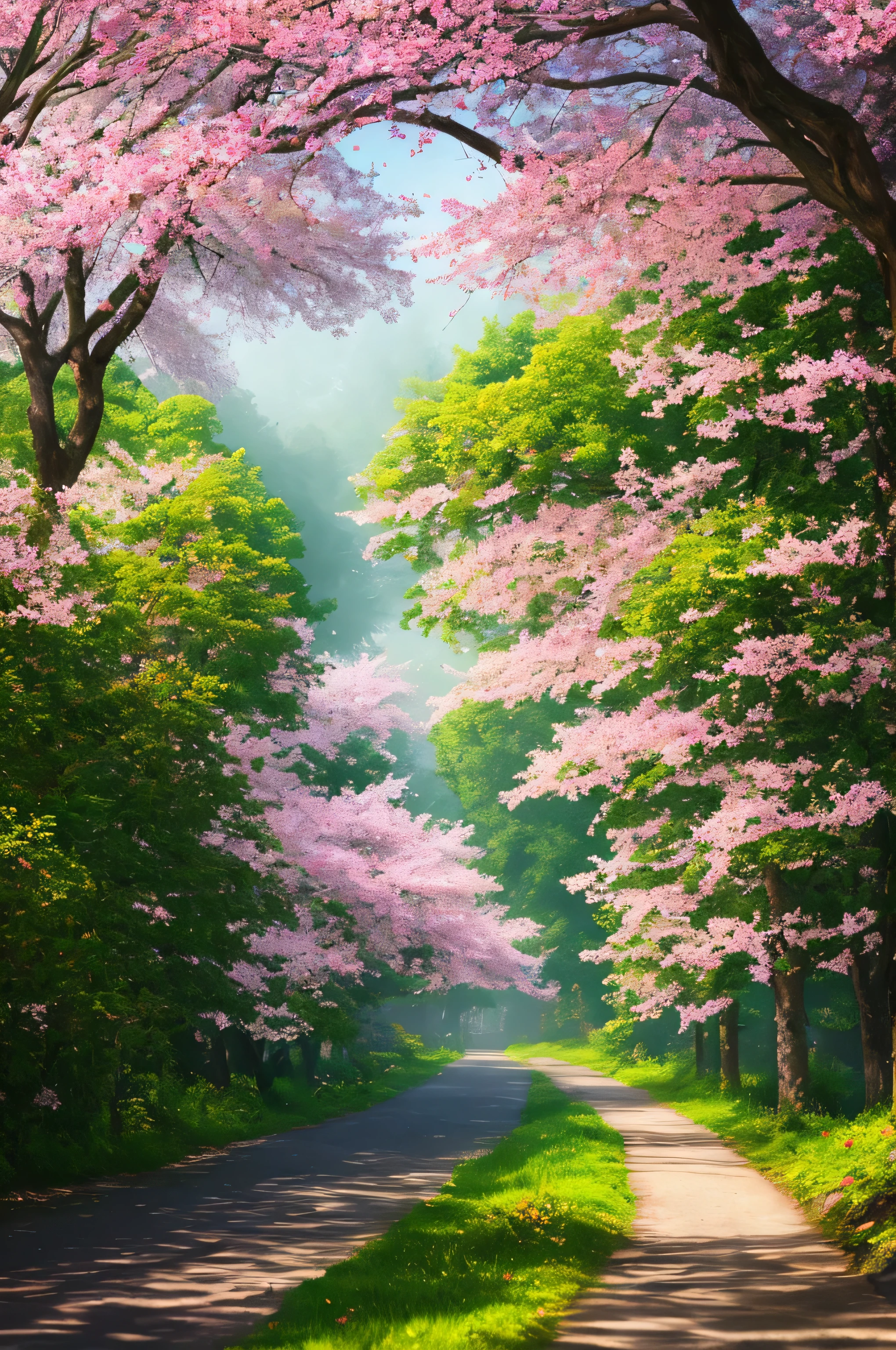 masterpiece, best quality, high quality, extremely detailed 8k wallpaper of CG unit, a charming and dreamy scene of a lush forest of sakuras, with tall trees, creating a sense of mystique and enchantment, artistic station, digital illustration, intricate, trend, pastel colors, oil painting, award-winning photography, Bokeh, depth of field, HDR, flower, chromatic aberration, photorealistic,  extremely detailed, trend in artstation, trend in CGsociety, intricate, high detail, dramatic, art in the middle of the journey, old tree, winding road, lakelet, small fog, cherry blossom tree,  small lake next to the forest, tree tunnel