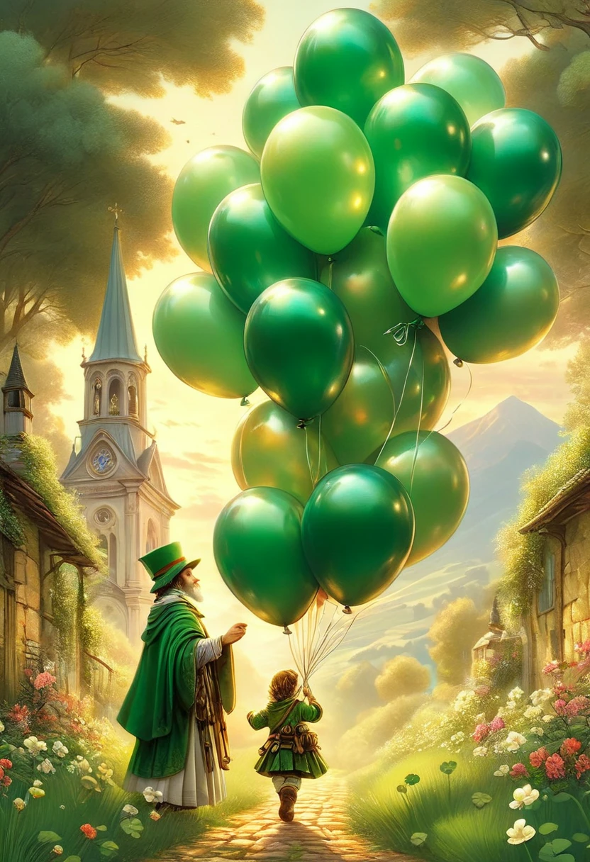 fluorescent horizon, cg graphics illustration, luminism,
This image features a festive scene with a female leprechaun character dressed in green clothing reminiscent of St. Patrick's Day. The character is holding three balloons: two gold and one green. On his head is a green hat decorated with flowers and clovers, and clover patterns are also visible on his clothes. The background of the image is a picturesque landscape with hills covered in flowers under a sunset sky. A small church or chapel is visible in the distance,
Art by In the style of Giovanni Boldini, Bastien Lecouf-Degarme, Carn Griffiths, E. Abramzon, Raphael, Caravaggio, Coby Whitmore, Titian, Leonardo da Vinci, Studio Ghibli Genshin Impact