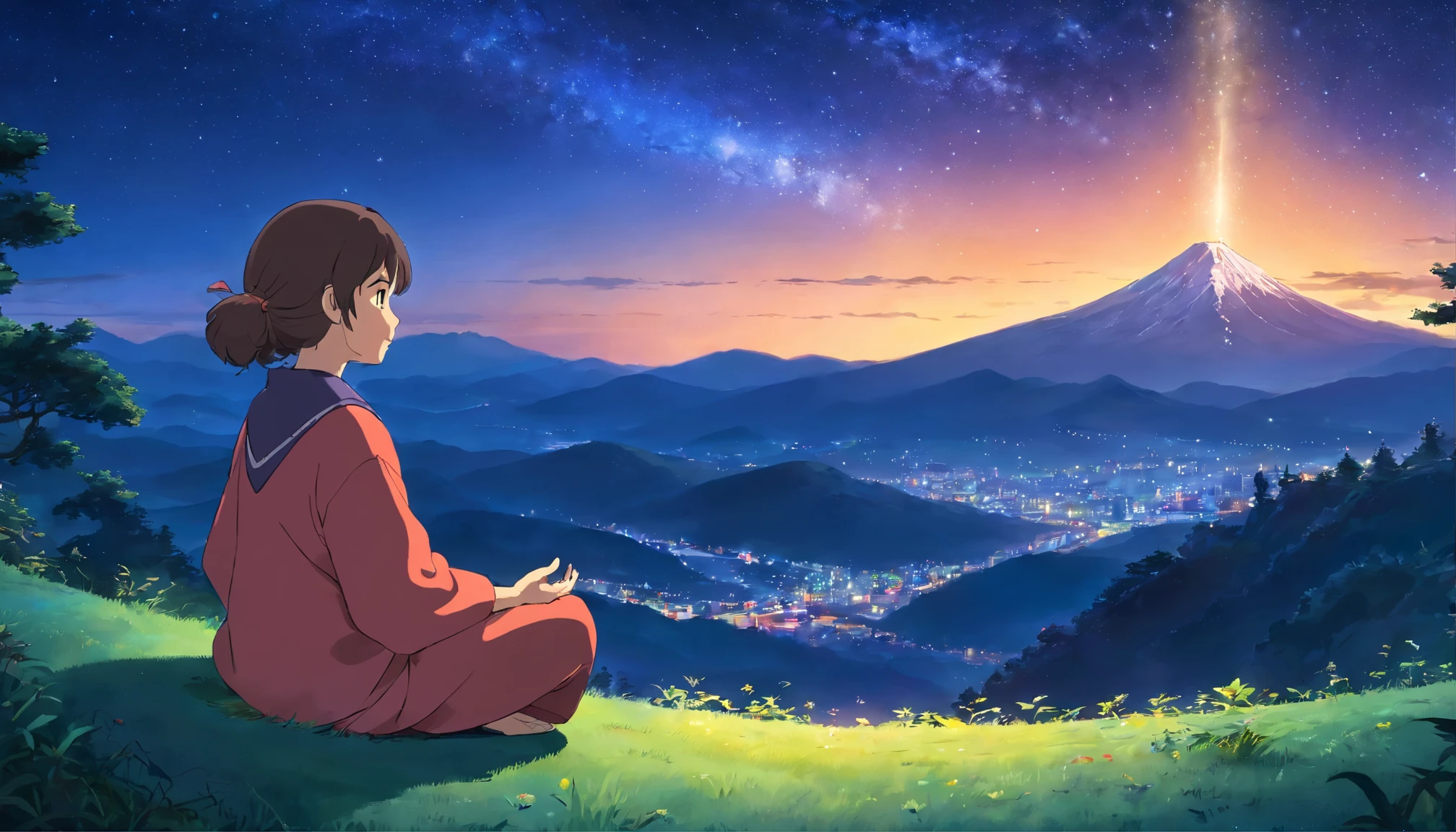 While looking at the starry sky with the mountain top in the background、Girl meditating on Kasu at night