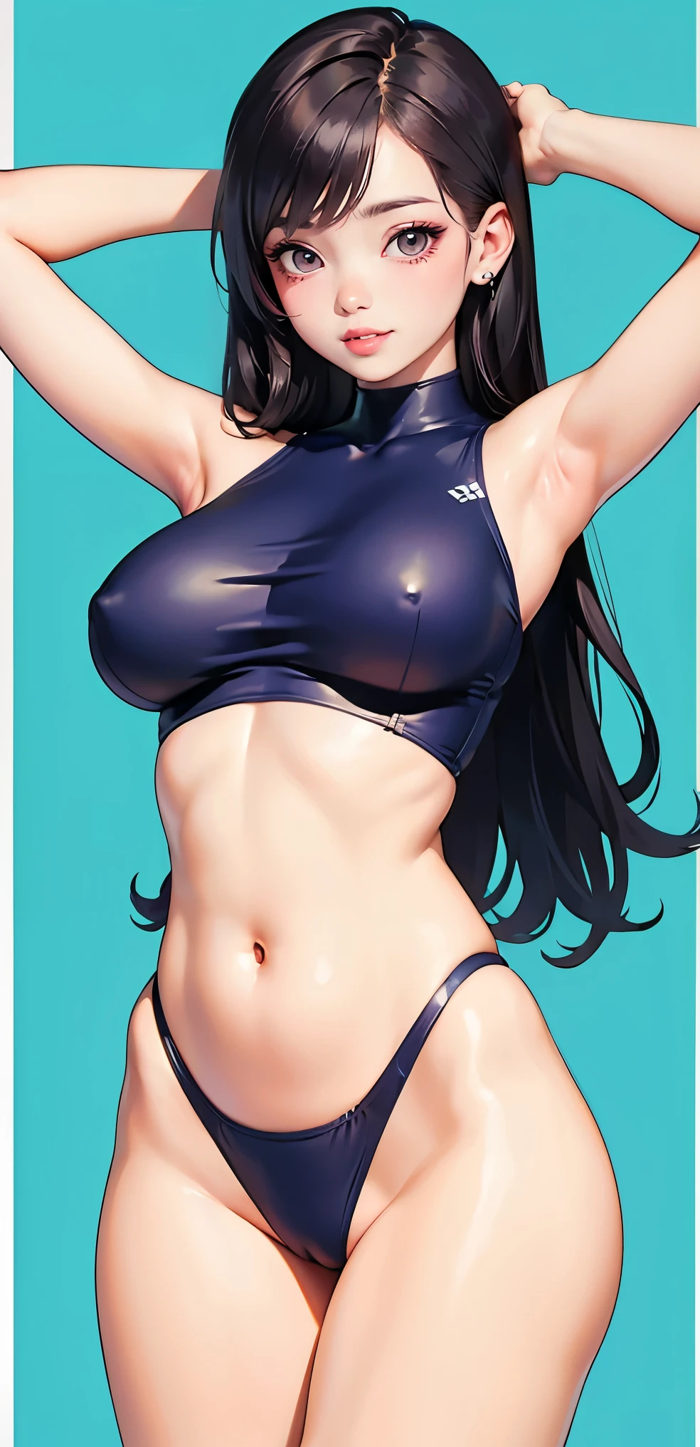 (masterpiece, best quality), pixel art, Perfect slim figure, huge breasts, High cut split swimsuit，Show belly button