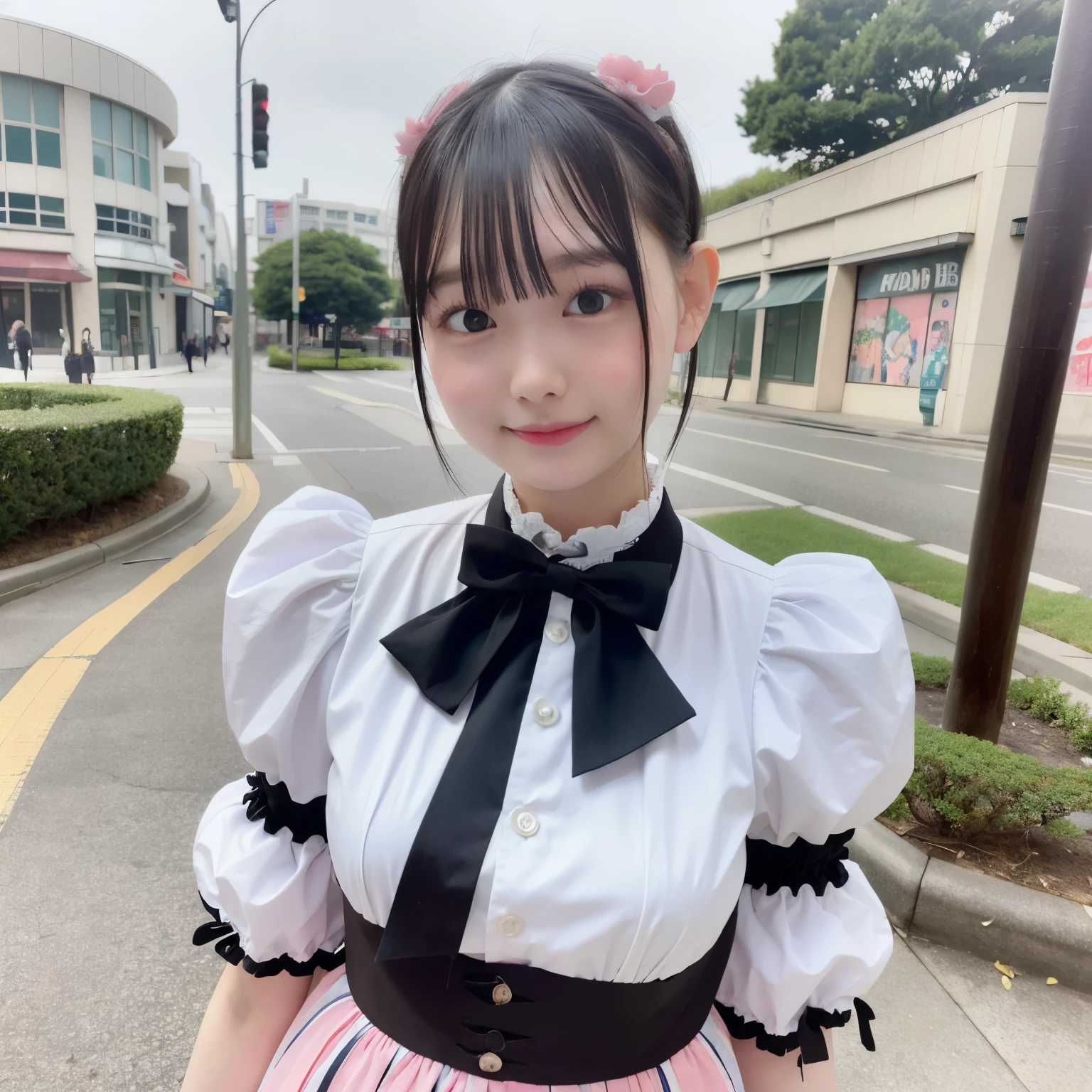 promo photo, The place is a seaside cafeteria,1 girl, 16-year-old face, waitresses, Red-headed twin-tailed, Gentle face, Gothic ta half costume and maid costume with strawberry image, Clothes based on white,