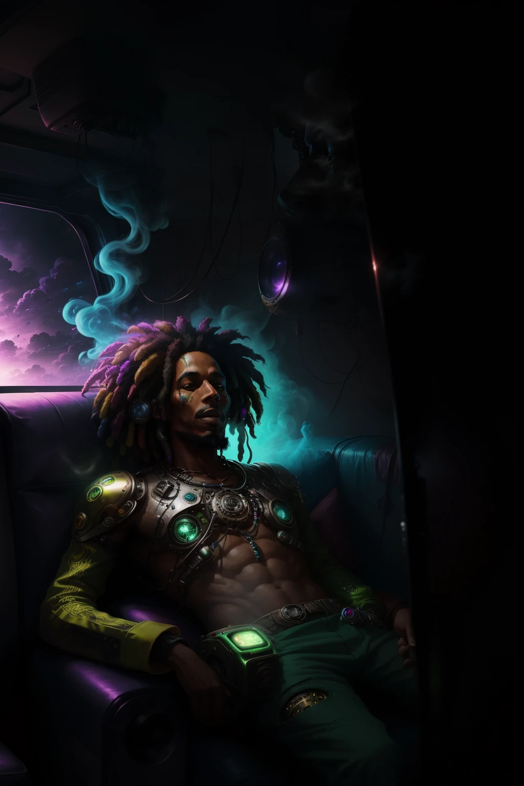 A captivating psychedelic image of Bob Marley Cyborg, in a realistic rendition, as he sits comfortably on a plush couch. With a joint in hand, he takes a relaxing puff, releasing an abundant amount of Marijuana smoke that ascends towards the ceiling, filling the room with an enchanting aura. The cyborg's metallic exoskeleton shines under the vibrant neon lighting, creating an intriguing contrast between organic and mechanical elements. As the smoke dances in the air, it interacts with the various hues, transforming the scene into a surreal and mesmerizing atmosphere that embodies the essence of Bob Marley's free-