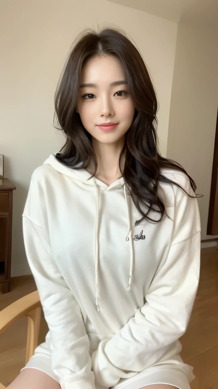 ((top-quality、8k、​masterpiece:1.3))、Beautiful woman with perfect body:1.4、slim abdomen:1.2、Longhair, normal breast, Highly detailed facial and skin texture, A detailed eye, delicate eyes, double eyelid, (smile), (full body shot), ((living room)), (sitting on chair), ((wearing white hoodie)), looking in front
