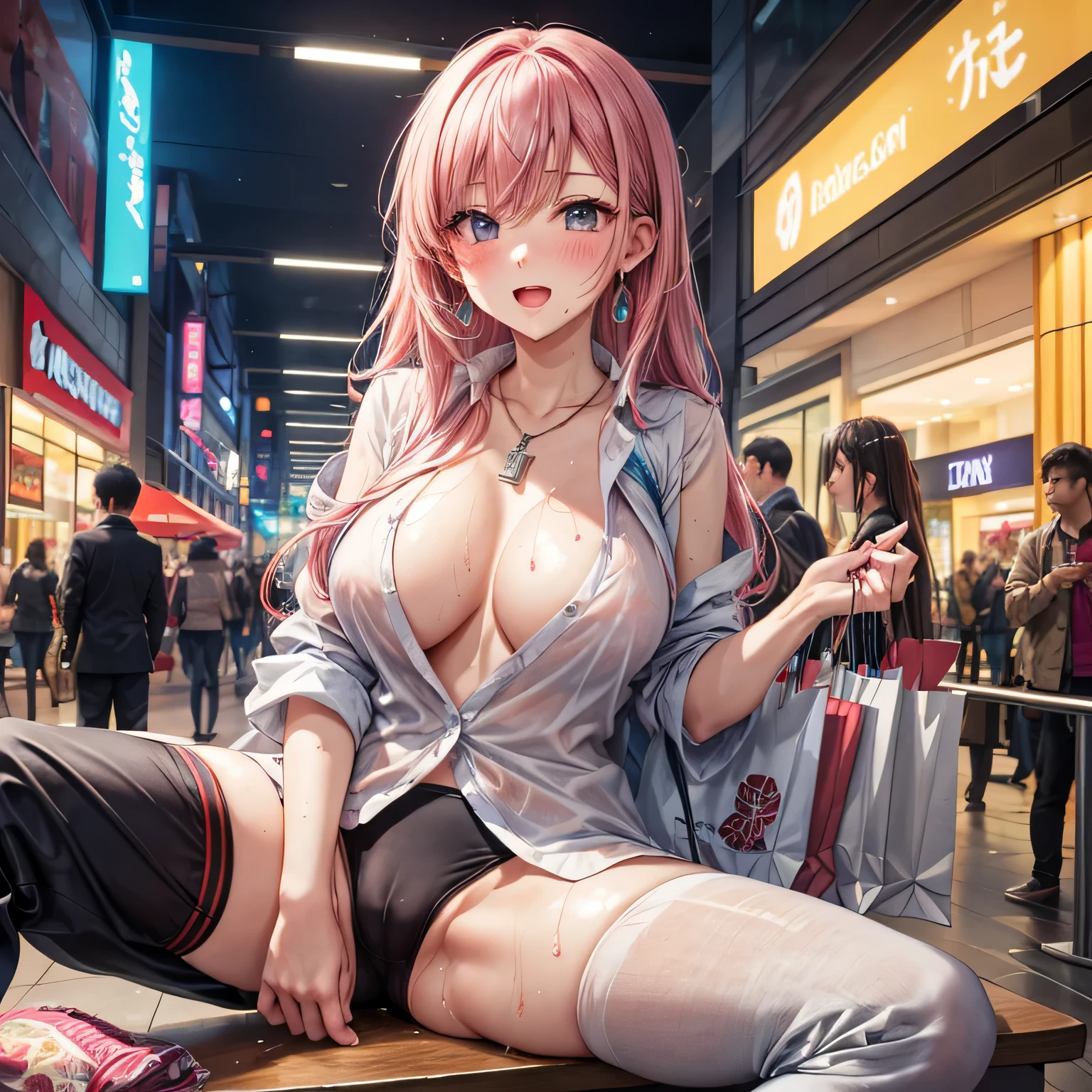 (1 female), avert your eyes, ((blush)), My pants are completely exposed, ecstasy face, huge breasts, (((emphasize the contours of the chest))), earrings, necklace, (Climb and straddle、Throw your wet sexy panties over the edge of the table), (spread your legs, raise your legs, open your mouth), ((Obsessed with masturbation)), sealed, Places with a lot of people, (anime background), Large shopping malls,