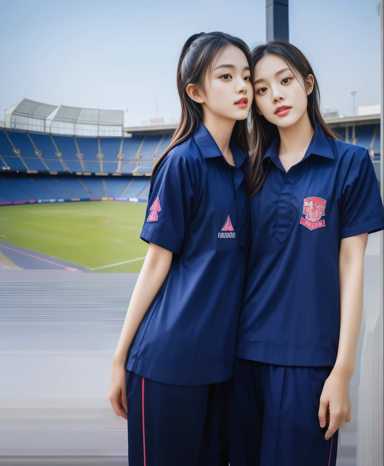 (best quality,10,10,height,Masterpiece:1.2),Special details,(realistic,ภาพrealistic,Realistic photos:1.37),1 cute girl on the football field,shiny, ผิวshiny,only,smile softly,BDclothelue shirt:1.3)),short sleeve,shirt, กางเกงขาlong.,(navy_long_track pants:1.1), ((stadium background:1.3)),Dynamic angle,excited,Face focus,dynamic poses,from behind,focus on ass,Masterpiece, best quality, ultra realistic, hyper-detail, 8K resolution, raw photos, Sharp focus, ((Navy blue shirt:1.1)), short sleeve, เส้นทางlong, perfect body, 2 mature women, 18 years old, Cinema-grade lighting system,blue sweatpants,shirtผ้าออกกำลังกาย,correct anatomy,perfect body, correct body, Sharp face, correct bodyทางกายวิภาค, full body, realistic gestures, long-haired, realistic poses,Wear long shorts................................,ช่วงขาlong,Good shape,carved girl, Slender figure, model, Good shape, beautiful body,blue sweatpants, two girls kissing