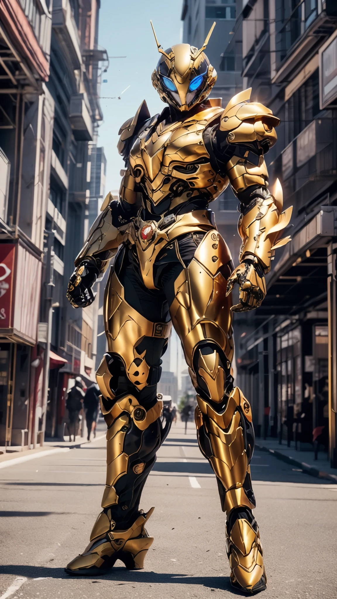 A woman adorned in fantasy-style full-body armor, a crown-concept fully enclosed helmet that unveils only her eyes, a composite layered chest plate, fully encompassing shoulder and hand guards, a lightweight waist armor, form-fitting shin guards, the overall design is heavy-duty yet flexible, ((the armor gleams with a golden glow, complemented by red and blue accents)), exhibiting a noble aura, she floats above the Futuristic city, this character embodies a finely crafted fantasy-surreal style armored hero in anime style, exquisite and mature manga art style, (Queen bee mixed with Spider concept Armor, photorealistic:1.4, real texture material:1.2), ((city night view, elegant, goddess, femminine:1.5)), metallic, high definition, best quality, highres, ultra-detailed, ultra-fine painting, extremely delicate, professional, anatomically correct, symmetrical face, extremely detailed eyes and face, high quality eyes, creativity, RAW photo, UHD, 32k, Natural light, cinematic lighting, masterpiece-anatomy-perfect, masterpiece:1.5