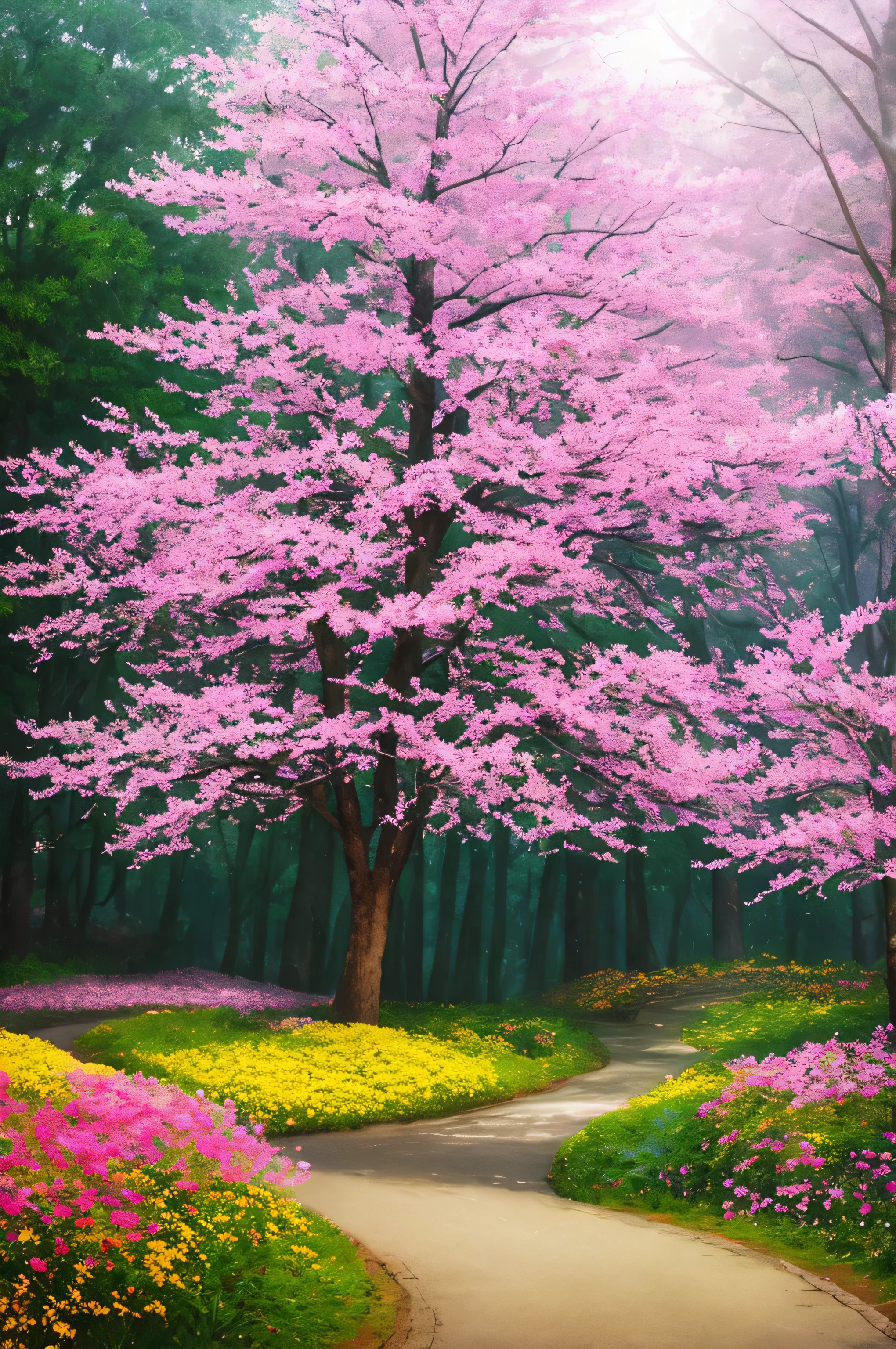 masterpiece, best quality, high quality, extremely detailed 8k wallpaper of CG unit, a charming and dreamy scene of a lush forest of sakuras, with tall trees, creating a sense of mystique and enchantment, artistic station, digital illustration, intricate, trend, pastel colors, oil painting, award-winning photography, Bokeh, depth of field, HDR, flower, chromatic aberration, photorealistic, extremely detailed, trend in artstation, trend in CGsociety, intricate, high detail, dramatic, art in the middle of the journey, old tree, winding road, lakelet, small fog, cherry blossom tree, small lake next to the forest, tree tunnel, forsythia flower