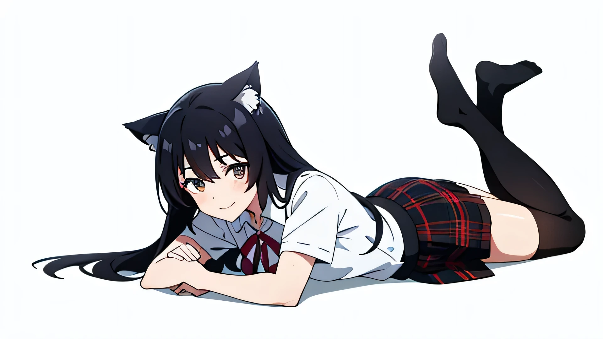 A girl lying face down on the ground with her legs crossed,Raise your upper body,black and long hair, anime girl with cat ears,cute girl anime visual, Nekomimi,uniform,high school girl,ribbon on chest,tartan check miniskirt,white short sleeve shirt,black knee socks,smiling girl,pure white background