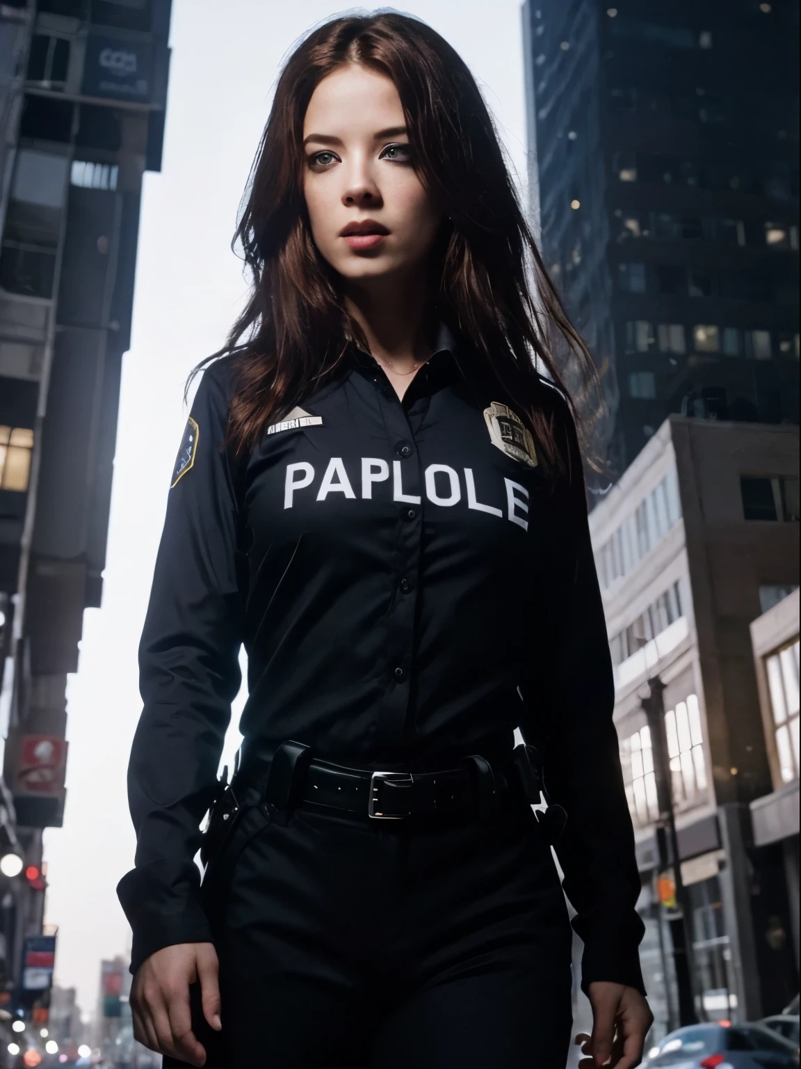 los angeles city street, (night time), (dark lighting:1.2), (LAPD uniform), (long sleeve police uniform:1.0), long straight hair, serious expression, frown, (photorealistic:1.2) (best quality) (detailed) (intricate) (8K), (cinematic lighting:1.2), sharp details