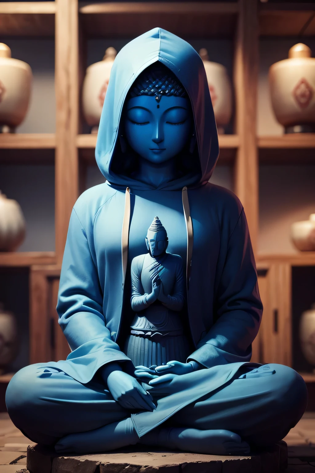 There is a blue Buddha statue facing the front and wearing a hoodie hood,Buddha, Buddha, Buddhism, beautiful images,Buddha,Buddha
