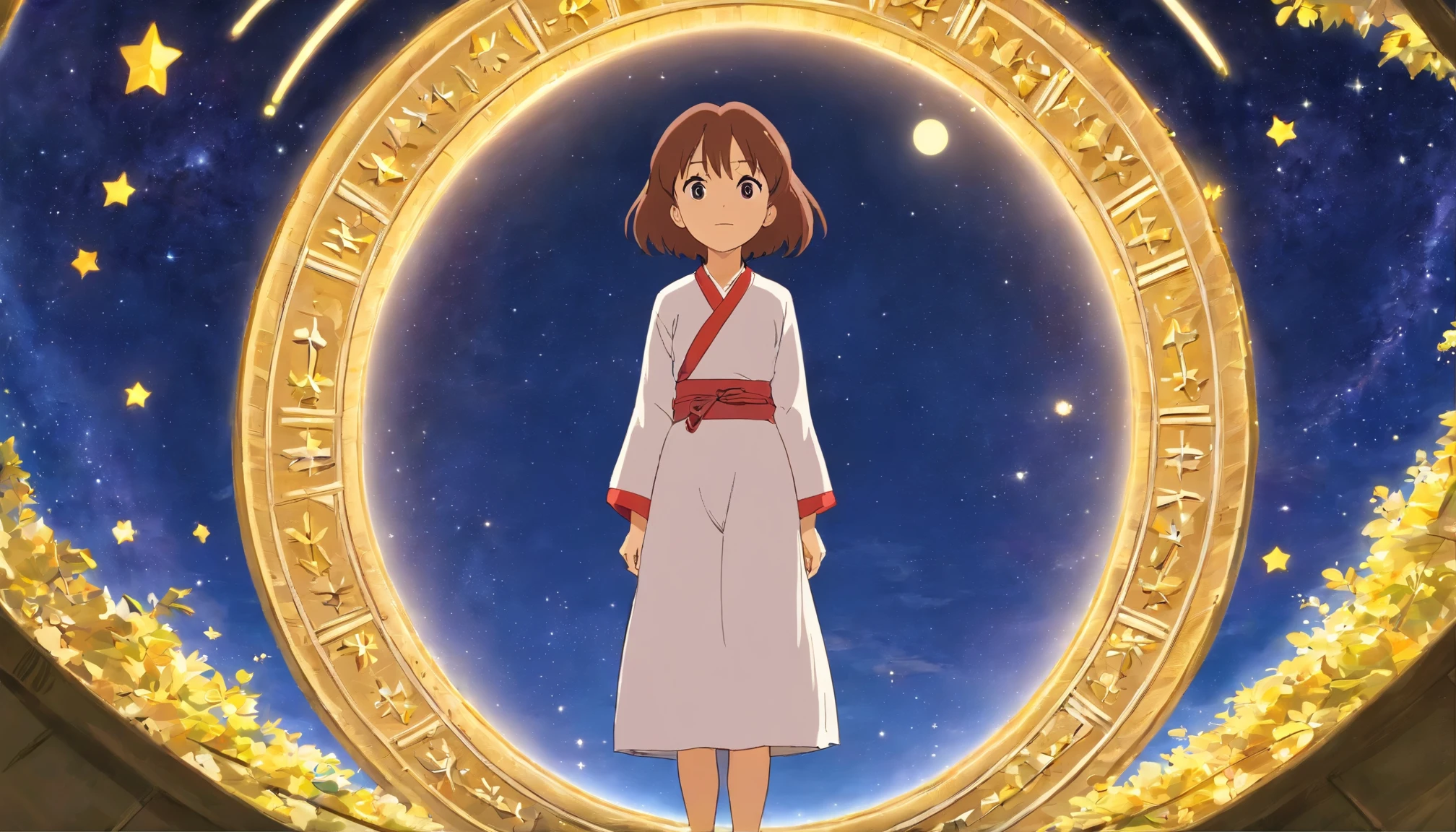 universeを眺めながら、nightにカスでmeditationする女の子、universeを感じている女の子、gold coinが降ってくる、gold coin、universe、starry sky、night、meditation、meditationポーズ