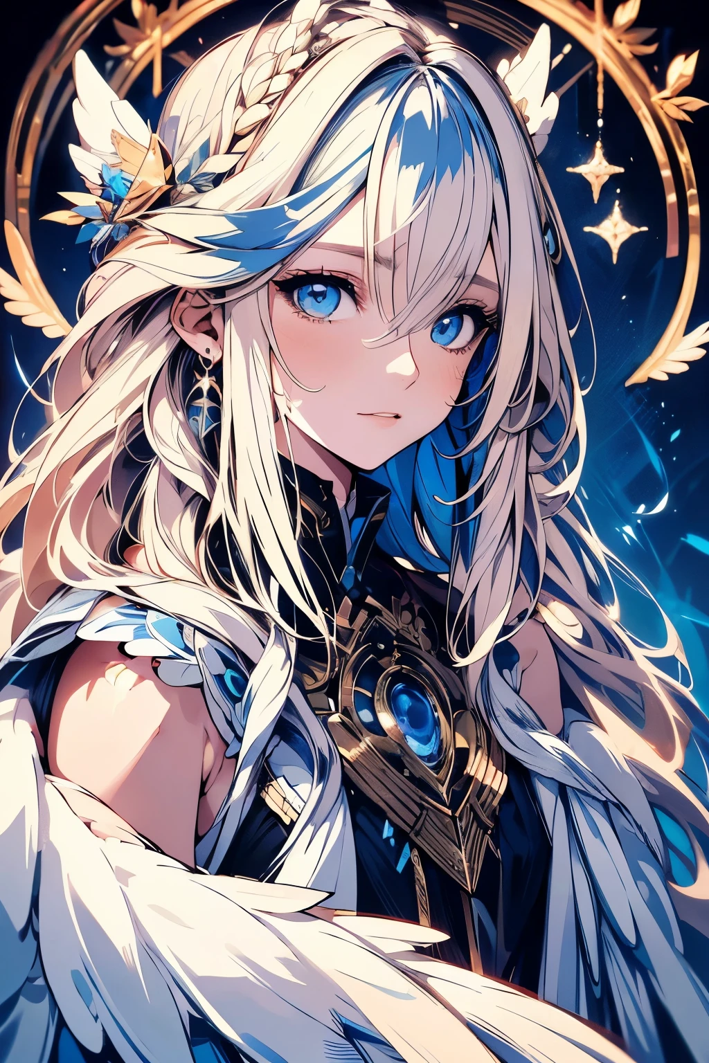 4K quality:1.2,Super beautiful illustration:1.2,Seraph,((6 white wings)),blonde,long hair styles,((beautiful cobalt blue eyes:1.2)),Sky