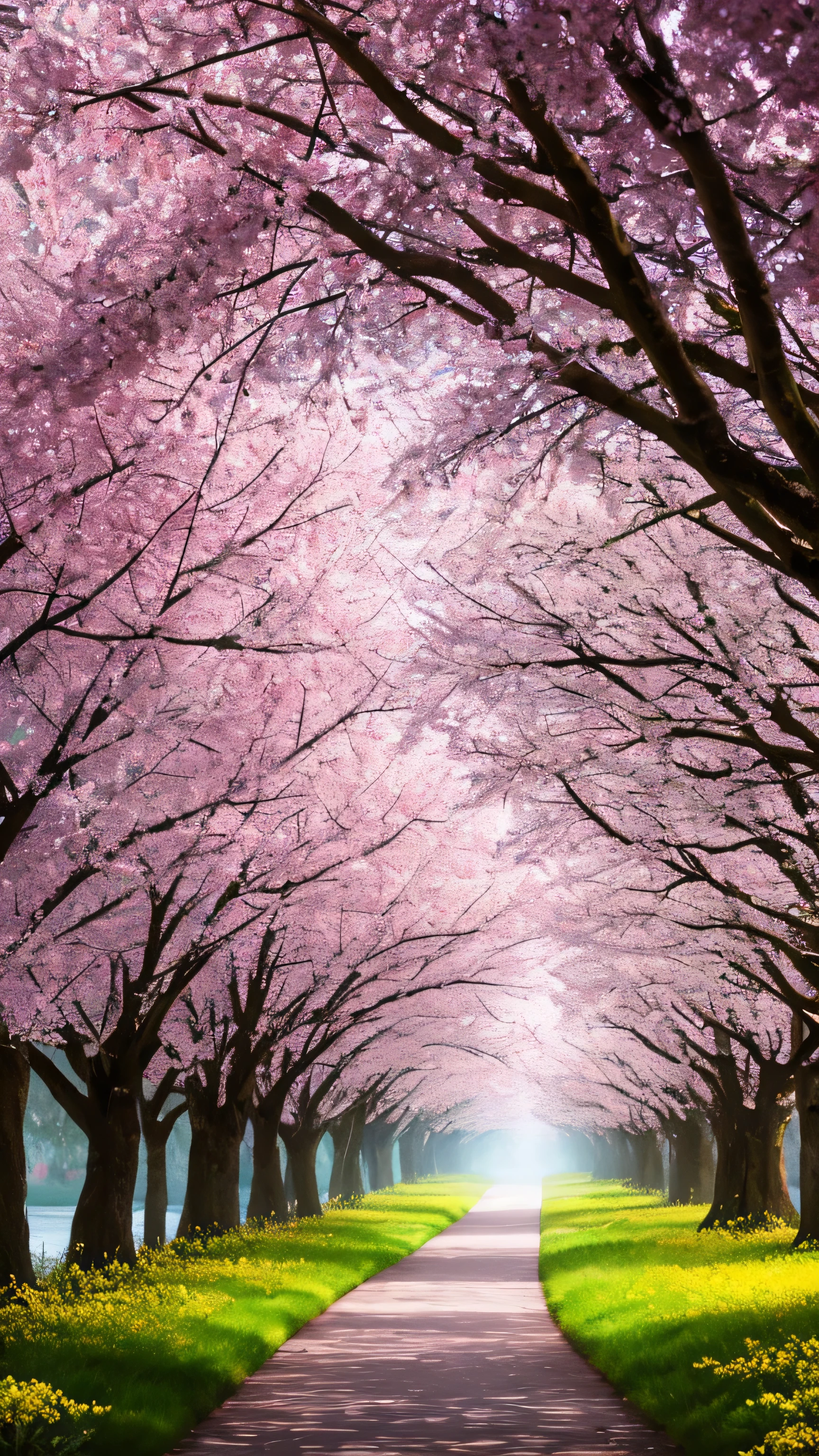 masterpiece, best quality, high quality, extremely detailed 8k wallpaper of CG unit, a charming and dreamy scene of a lush forest of sakuras, with tall trees, creating a sense of mystique and enchantment, artistic station, digital illustration, intricate, trend, pastel colors, oil painting, award-winning photography, Bokeh, depth of field, HDR, flower, chromatic aberration, photorealistic,  extremely detailed, trend in artstation, trend in CGsociety, intricate, high detail, dramatic, art in the middle of the journey, old tree, winding road, lakelet, small fog, cherry blossom tree,  small lake next to the forest, tree tunnel, forsythia flower, Magnolia flowers blooming sparsely