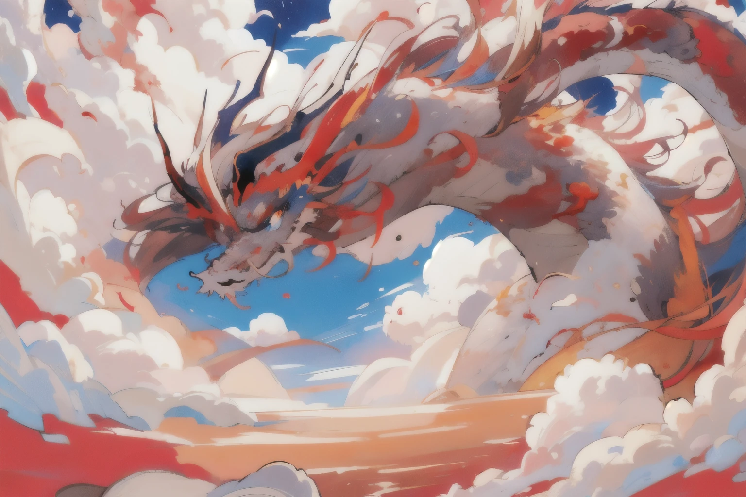 great dragon god, gentle gaze, fantastic background, moonlight background, sea of clouds background, golden splashes, mysterious, divine light, mythical creature, traditional Chinese dragon, myth, speckled light, hazy haze, mysterious aura, masterpiece, fantastic, elegant dragon, good fortune, fantasy art
