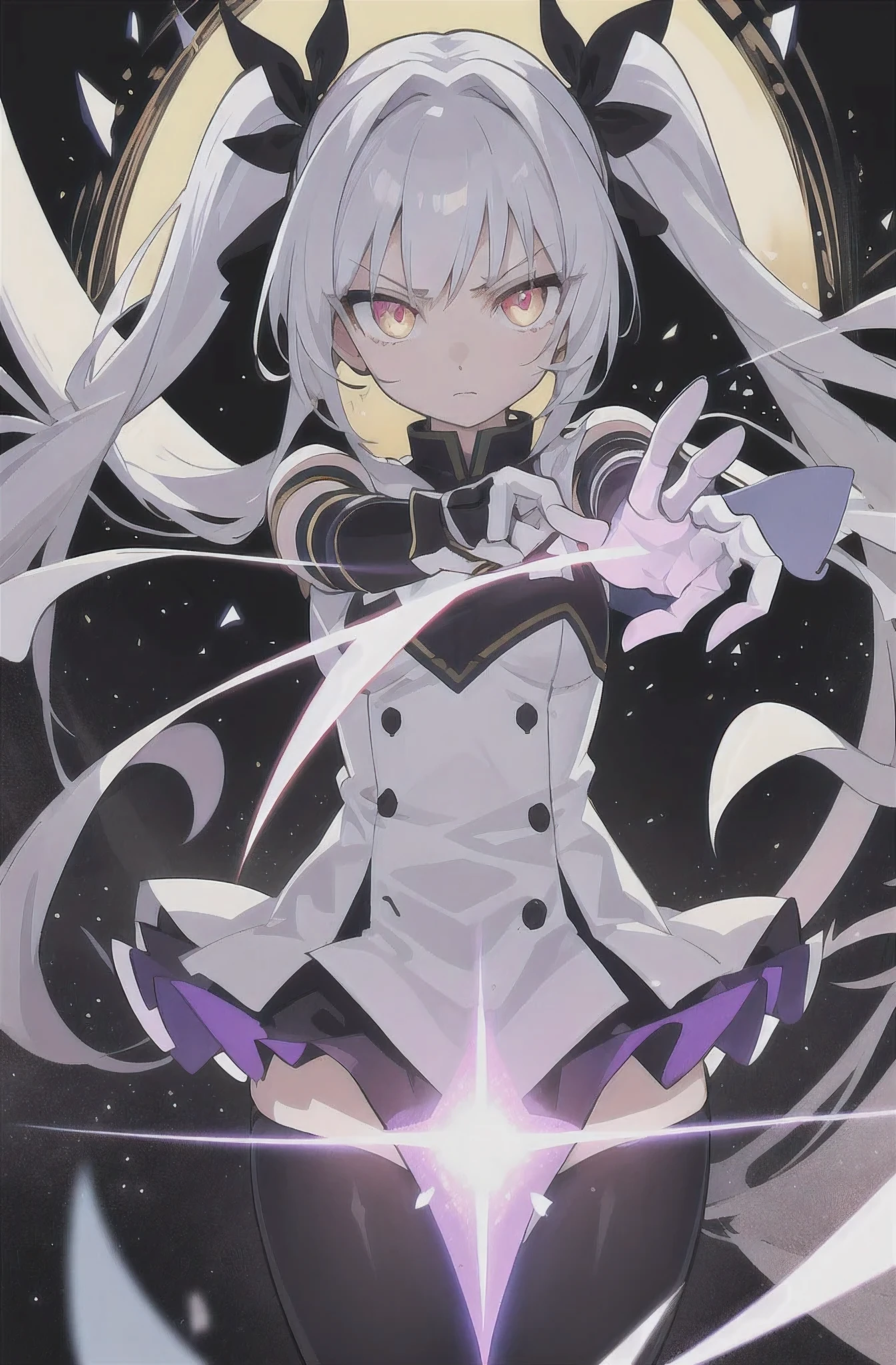 (fine, sharp images, super resolution, extremely amazing detail, awesome detail), subsurface scattering, masterpiece, best quality, high quality, 1girl, solo, (dynamic pose), prism eye, prism hair, prism, serious, silver eyes, twintail hair, gradient eyes, calm, upper body, small breasts, business suit, gloves with optimal ratio of four fingers and one thumb, glowing eyes, glowing eyes, glowing white particles, glitter, bloom