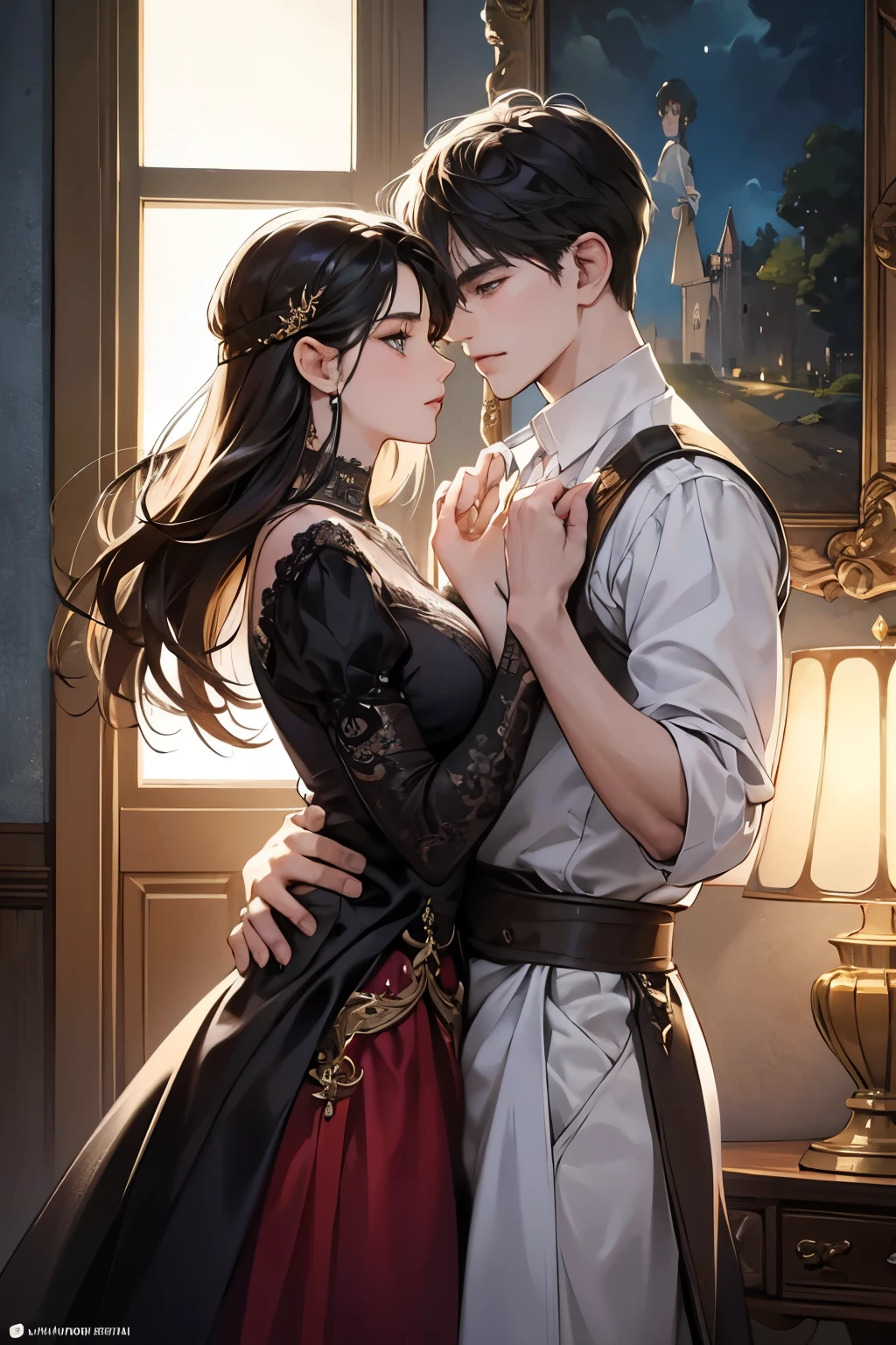 An amazing fantasy couple, deeply in love, is depicted in this close-up image. The level of detail is absolutely superb, with intricate features that bring the characters to life. The image is captured in an ultra-high resolution, allowing every minute detail to be visible. The background is meticulously designed, creating a vibrant and immersive world for the couple. This artwork can be considered a masterpiece, with a level of craftsmanship that is truly commendable. The couple is shown in an intimate embrace, their expressions filled with love and adoration for each other. The artist has paid special attention to the facial features, with detailed eyes that sparkle with emotion. The skin of the characters is flawlessly rendered, appearing both smooth and radiant. The artist has skillfully accent