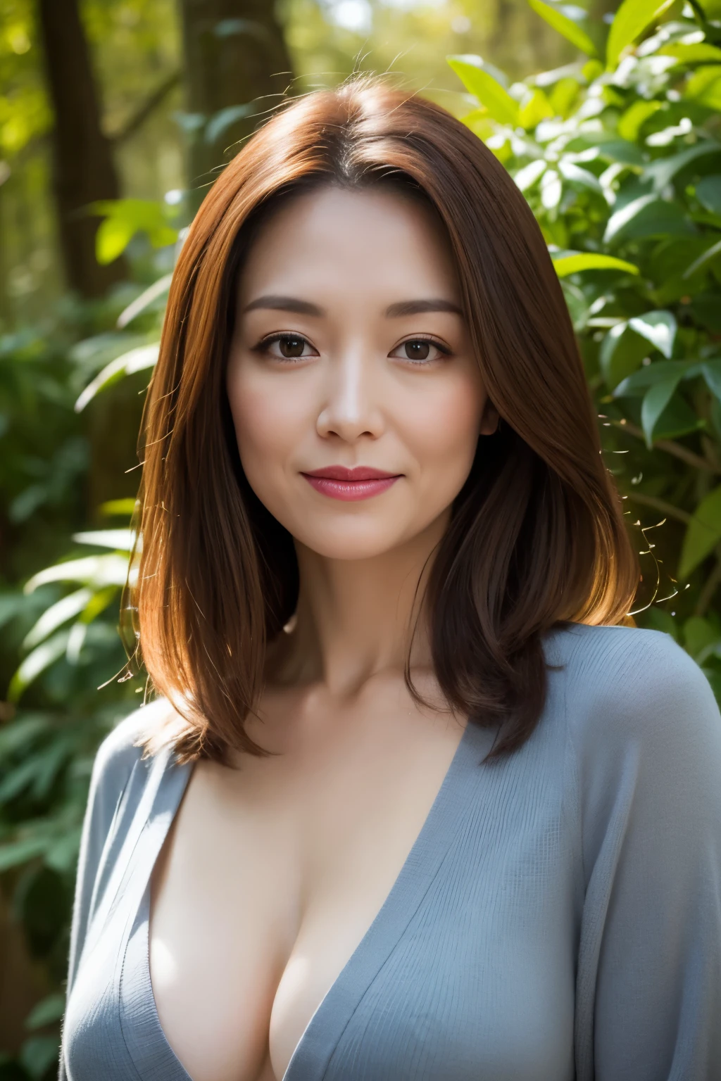 dark brown hair, light brown eyes, japanese woman, 40 years old, intricate details, highest quality, ultra high resolution, (detailed eyes), (detailed facial features), HDR, 8K resolution, terrace in the forest, moderate sized breasts, cleavage, wearing a thin blouse shirt, short hair