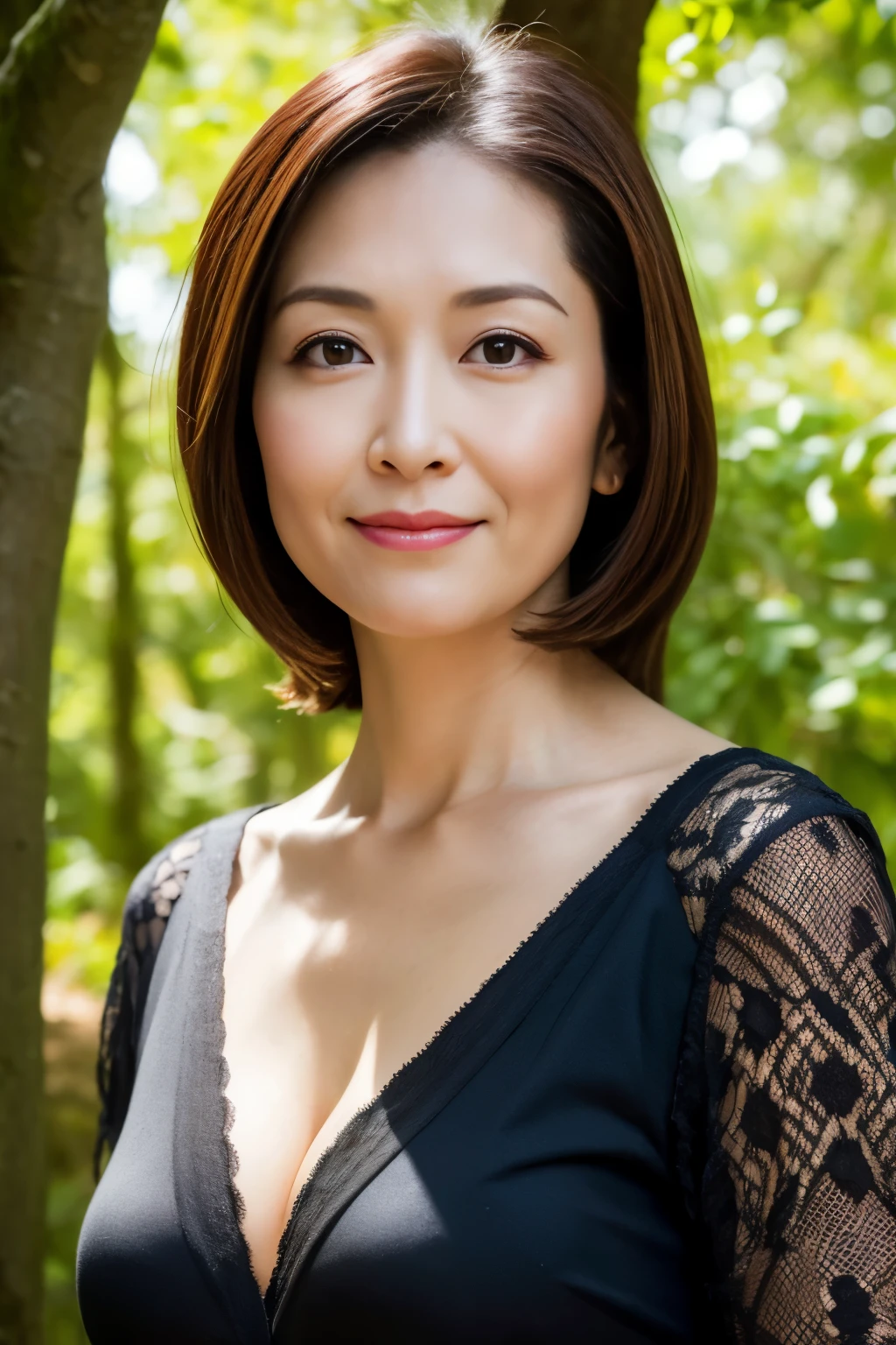 dark brown hair, light brown eyes, japanese woman, 40 years old, intricate details, highest quality, ultra high resolution, (detailed eyes), (detailed facial features), HDR, 8K resolution, terrace in the forest, moderate sized breasts, cleavage, wearing a thin blouse shirt, short hair