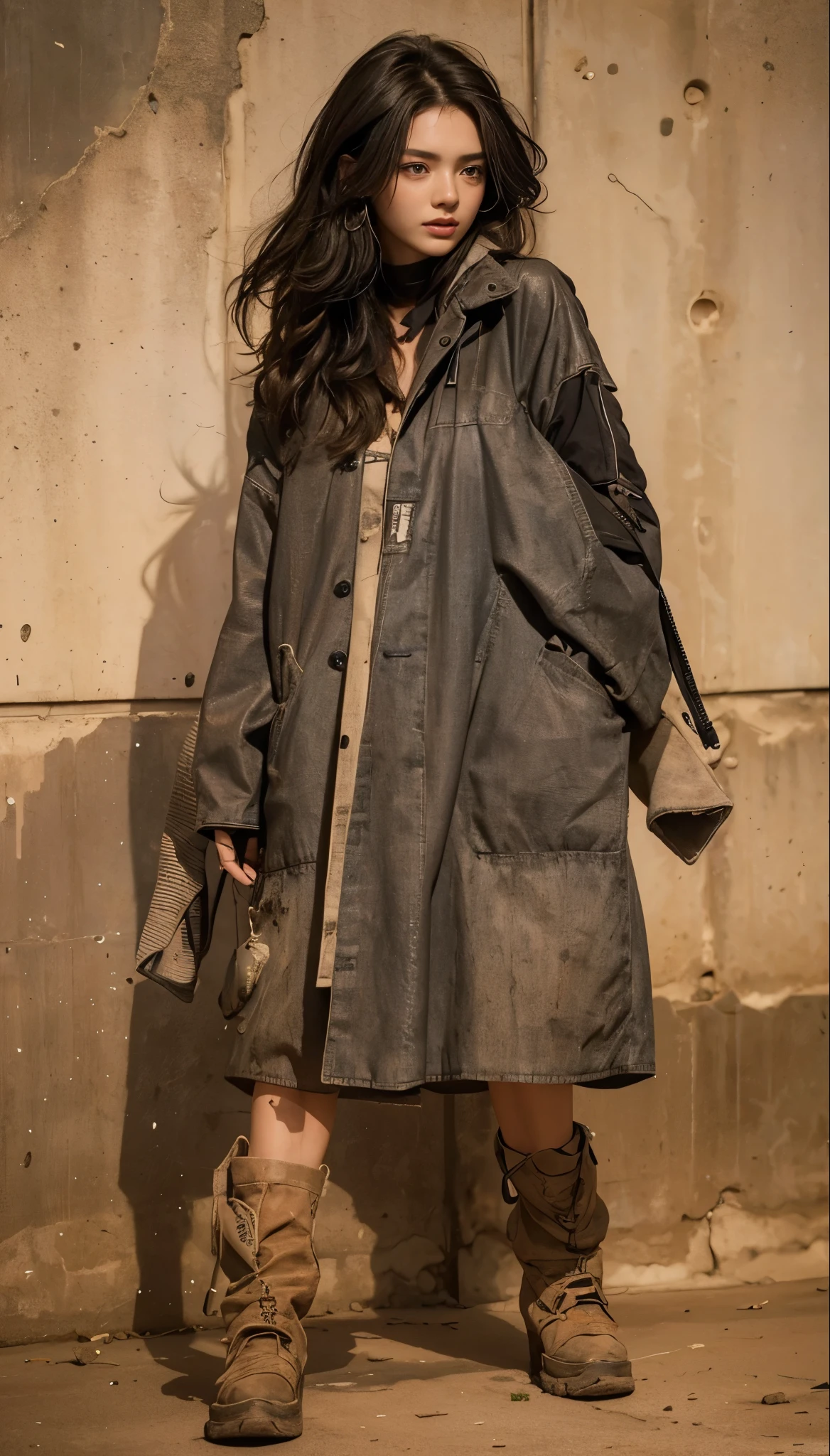 Beautiful woman、dirty skin、dirty black long coat、、A girl with realistic skin texture stands in front of a concrete background。。. her dirty shirt、Adds a rough atmosphere to the entire image. She has a tattoo on her arm, It adds a hint of edge to her look. The focus of the image is、There'Highly detailed rendering of her skin, Accurately depict every pore and wrinkle. A background that creates an industrial atmosphere, . Plays an important role in enhancing the realistic and photorealistic effect of images。. Colors are vivid and details are clear, Get the highest quality 8K images that look like masterpieces.tattoo、Holding a pistol in his right hand、holster on the waist