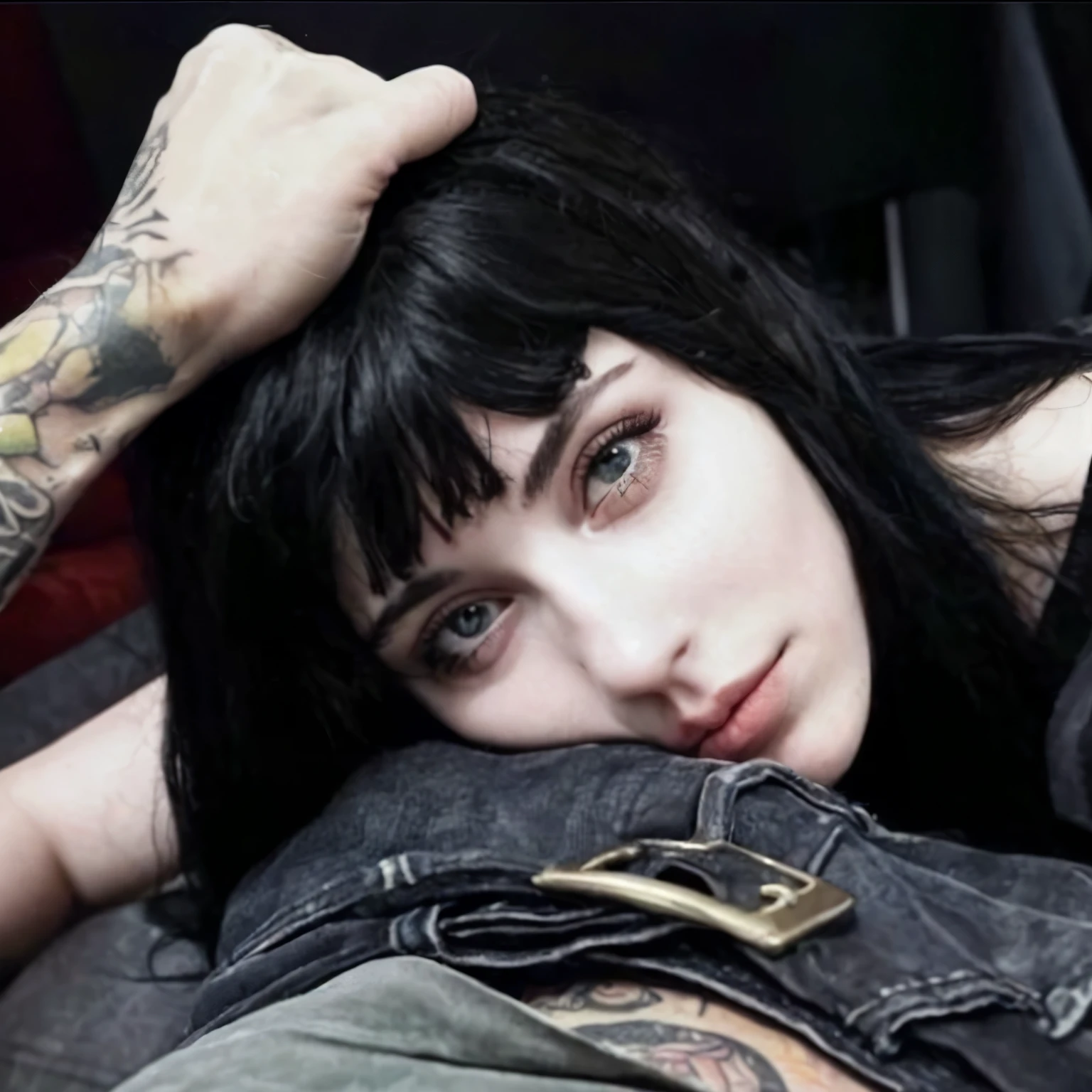 a close-up of a person lying on a sofa with a tattoo on their arm, Ela tem cabelo preto with bangs, cabelo preto com franja, Charli Bowater, cabelo preto e franja branca, com tatuagens, frank lily, Ela tem cabelo preto, Charli Bowater and artgeem, franja preta, 1 7 year old goth girl