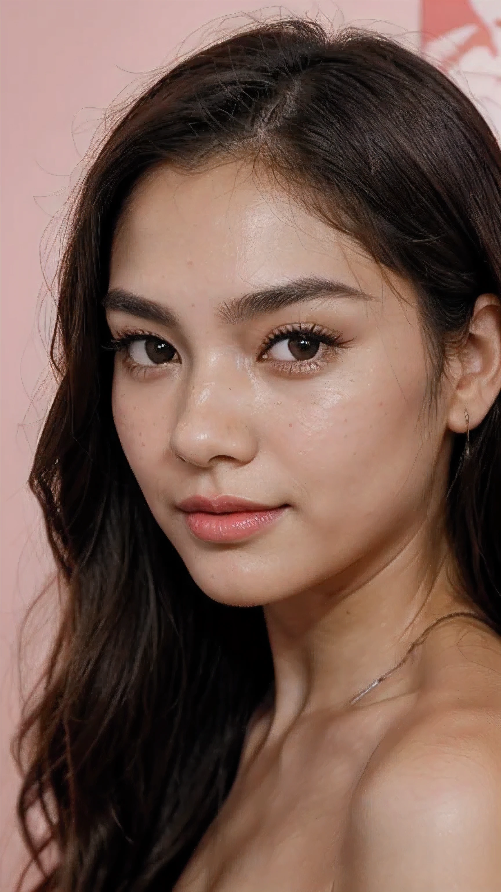“A teenage of about 27 to 28year old Asian girl with fair skin and brown eyes is looking at the camera. Her almond-shaped eyes have a deep brown iris. She has a soft smile on her naturally pink lips and less dense eyebrows. Her hair is long and black. She has a chubby, oval-shaped face with high cheekbones and a medium-sized nose. Her skin has a natural glow, freckles, and a subtle blush. She is under soft lighting that highlights her skin texture. She is looking upwards, showing her long eyelashes. Her full lips have a natural gloss. She has various expressions, from surprise to laughter. A high-resolution image captures all her skin details. She is posing for a photoshoot with slight makeup, enhancing her natural beauty a little shine in her hair for clarity or texture even tone in skin highly detail photoshoot for the front face from a distance of about 1 to 1.5 metre with slight blush and face structure from urvashi rautela crystal clear skin with natural glow with highly detailing skin smooth texture reduce the amount of blackheads she is having apply her pink lip gloss more detailing like 8k image make mos bone smooth more photoshoot pictures from diffrent angles bt there should be no diffrence in face structure or detail or any body measurements