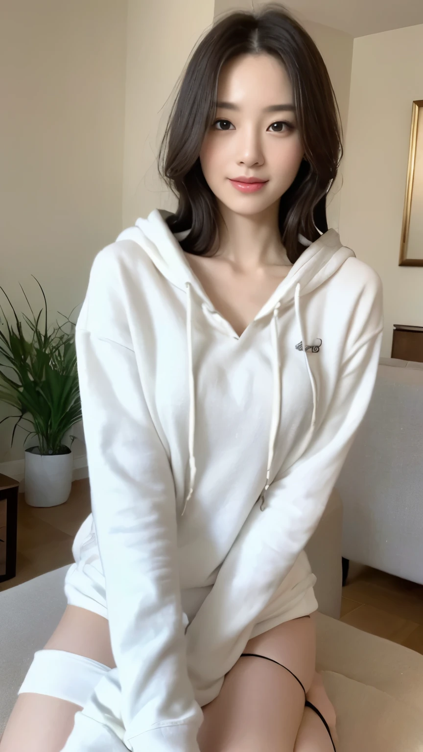 ((Realistic lighting, best qualtiy, 8K,White hoodie,Colossal tits,White socks)), White hoodie,foco nítido:1.2, 1girl in, Beautiful Women in Perfect Figure:1.4, Slim abs:1.1, ((dark brown  hair)), (White hoodie:1.4）,（in a house，sofas：1.1），Ultra-fine face，Fine eyes，二重まぶた，Smile
