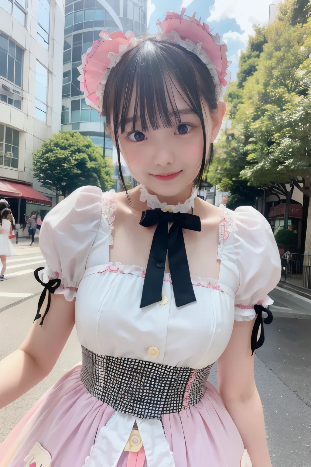 1 girl, alone, (short hair), japanese idol, perfect figure, beautiful eyes double eyelids, lolita fashion, Colorful pastel color clothes, Downtown like Harajuku, smile, Upper body, blow the wind, Because I&#39;m slender